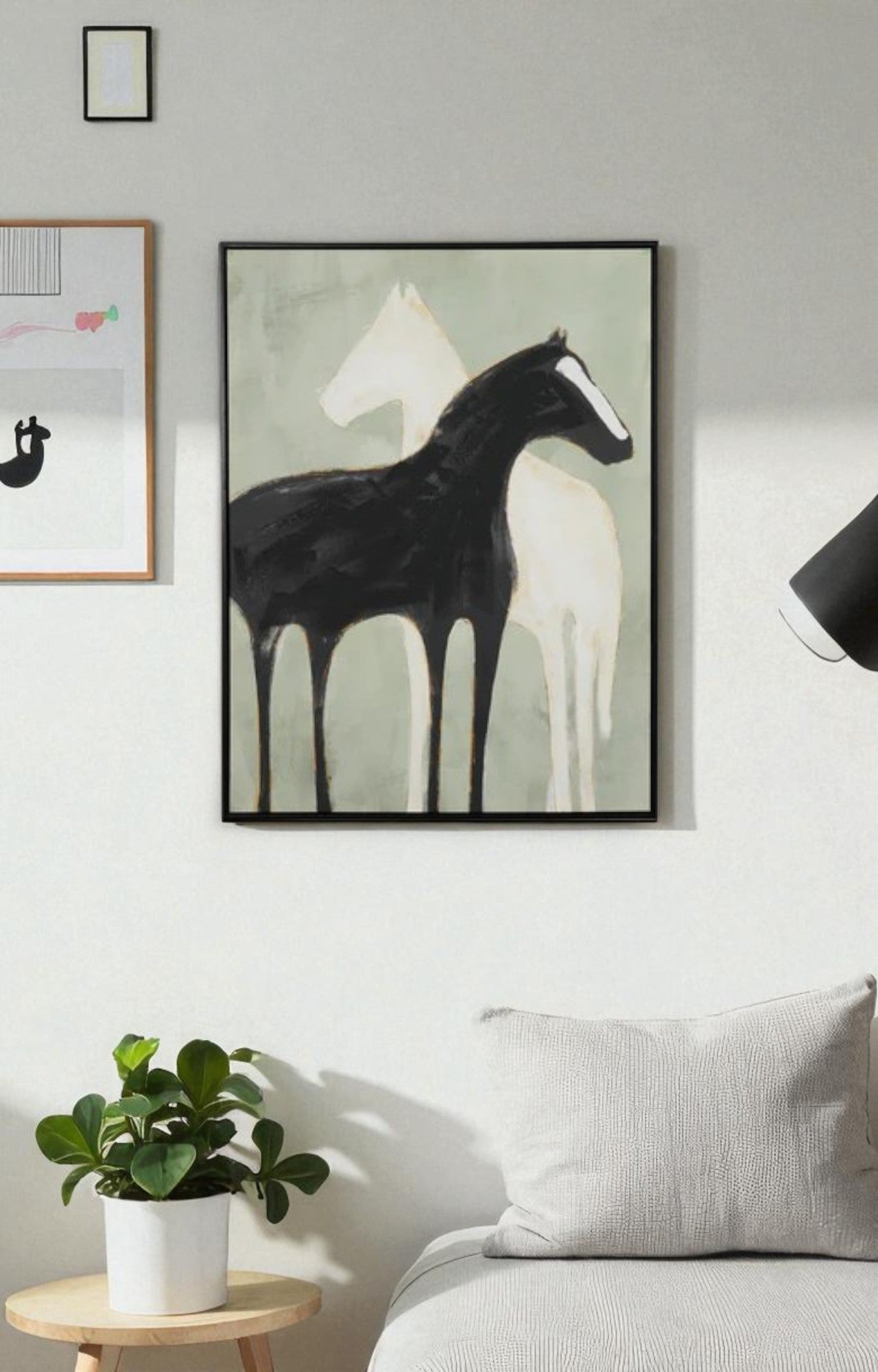 Black and White Horses Canvas Painting with Frame