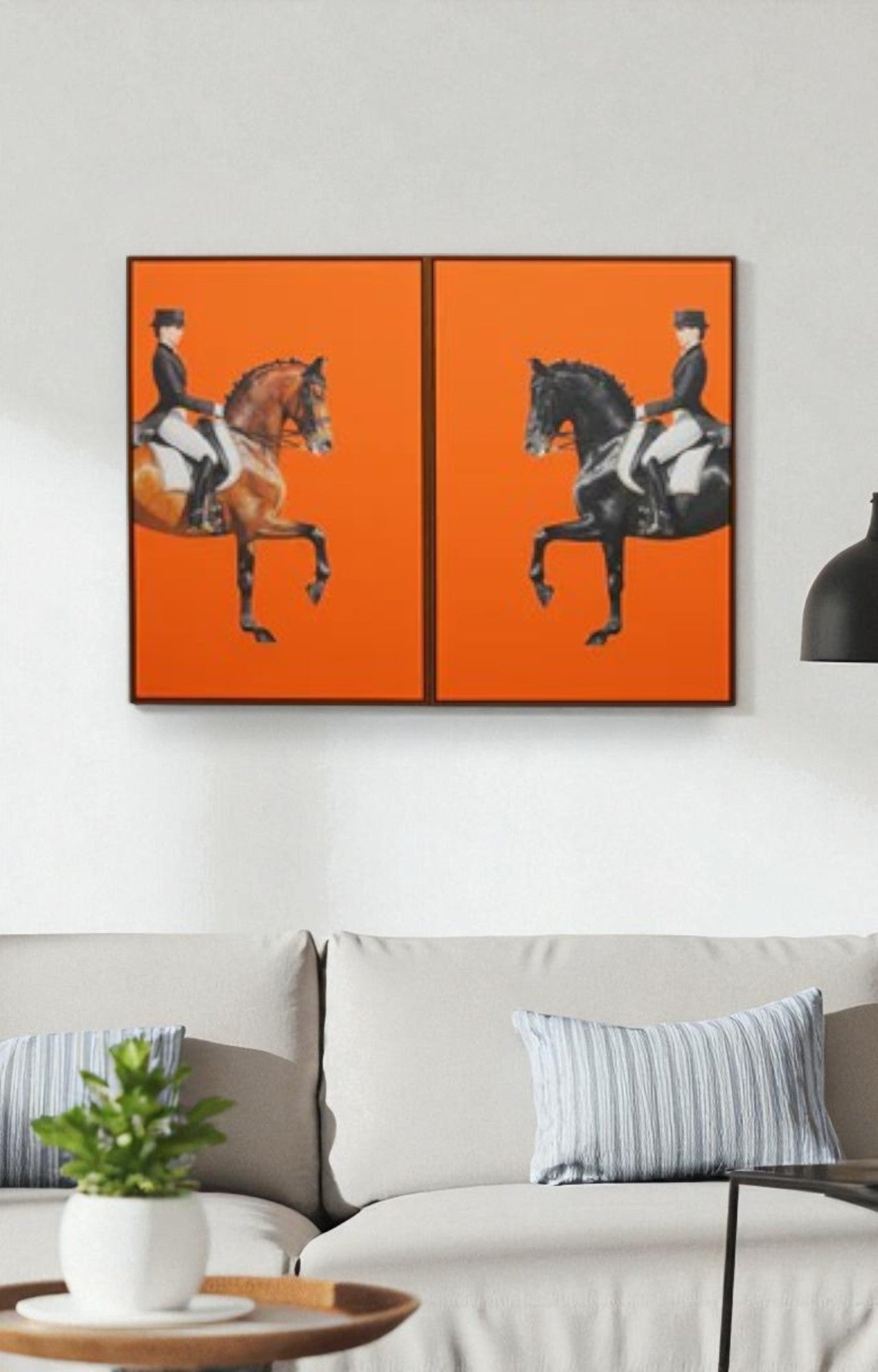 Men on Horse Orange Canvas Art Print Set of 2
