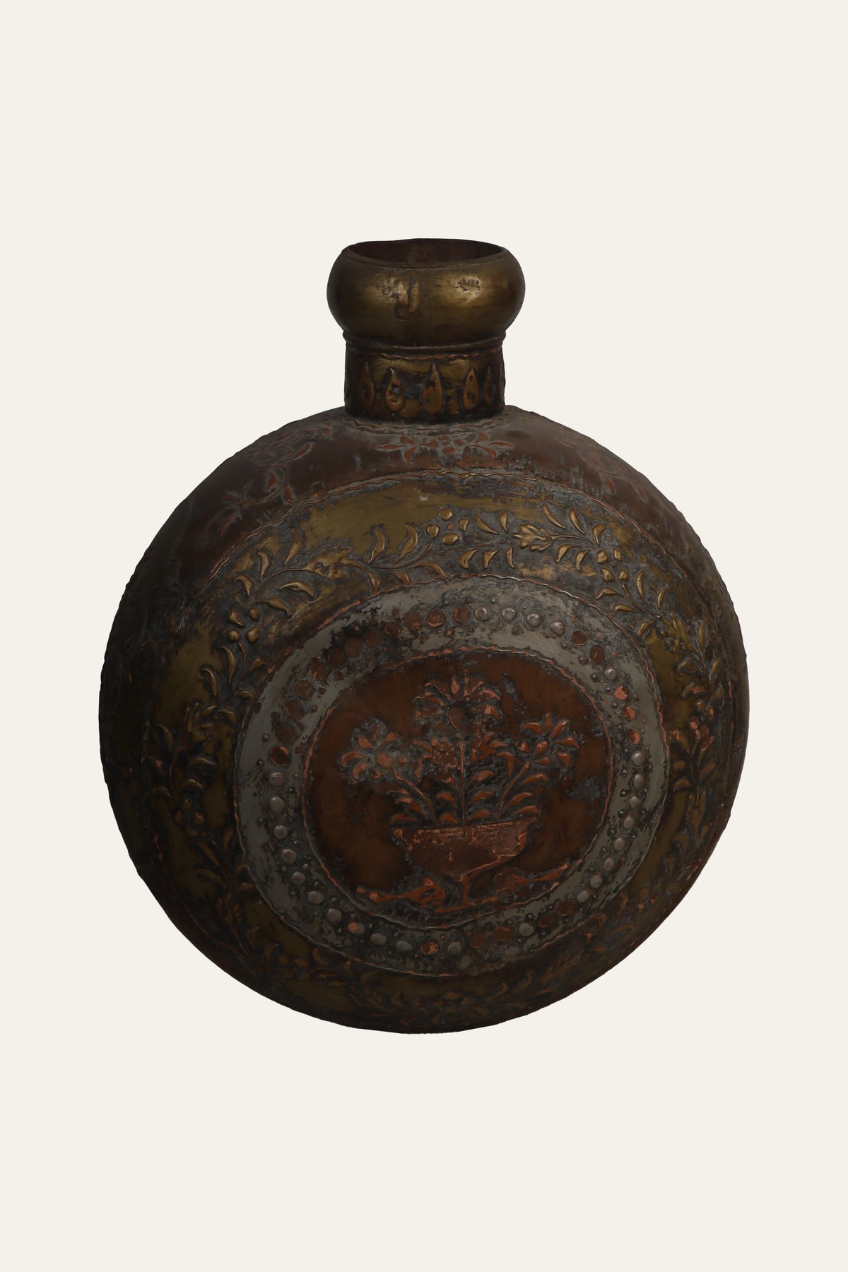 Tibetan engraved botanical motif metal flask pot