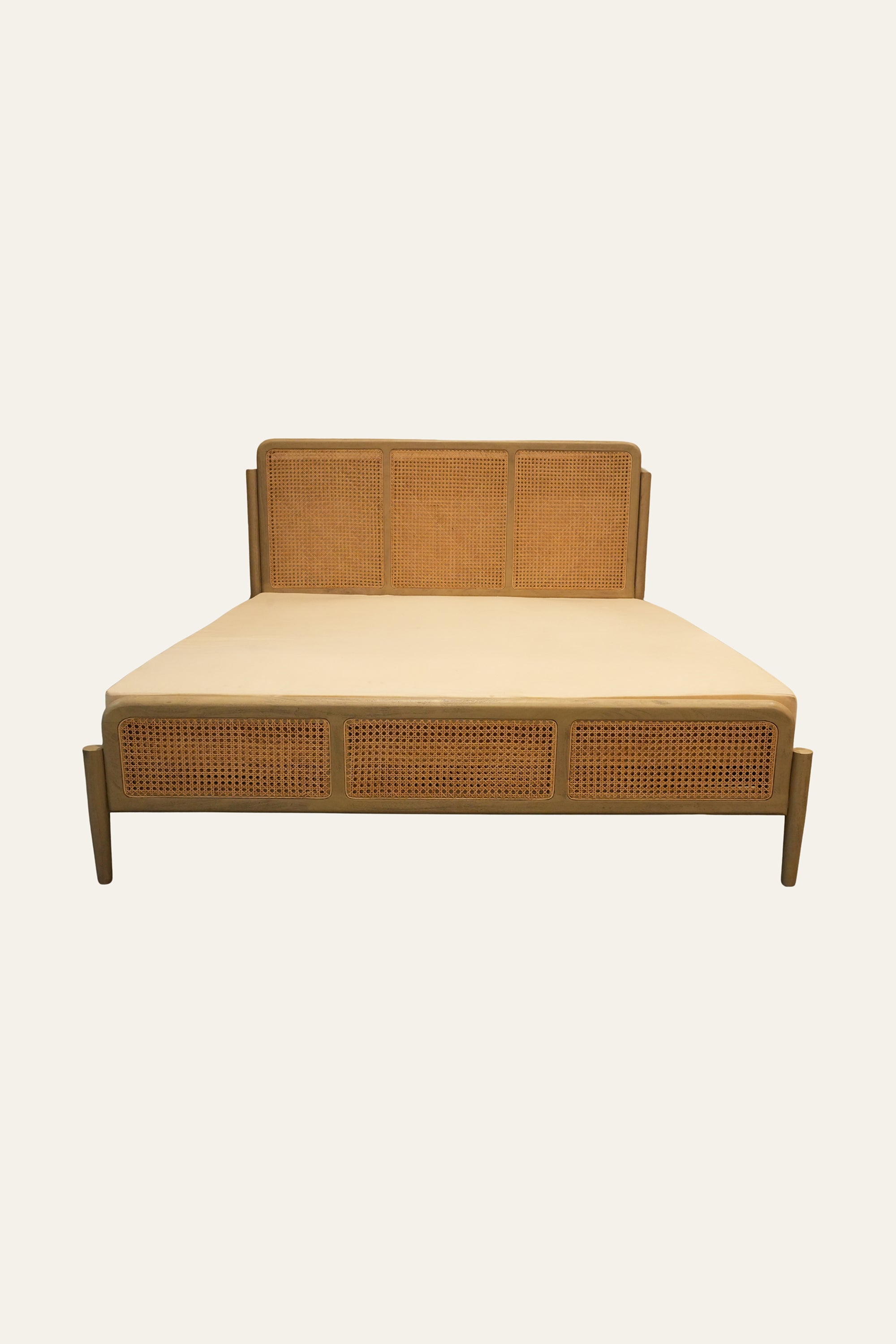 Brown Wooden Double Bed with Cane Headboard