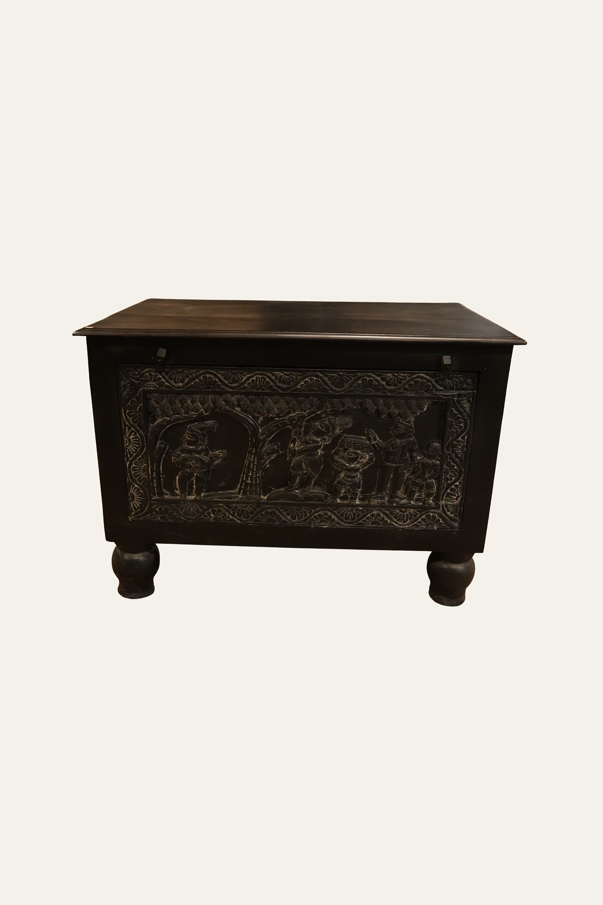 Carved Wooden Trunk with Bun Feet for Living Room