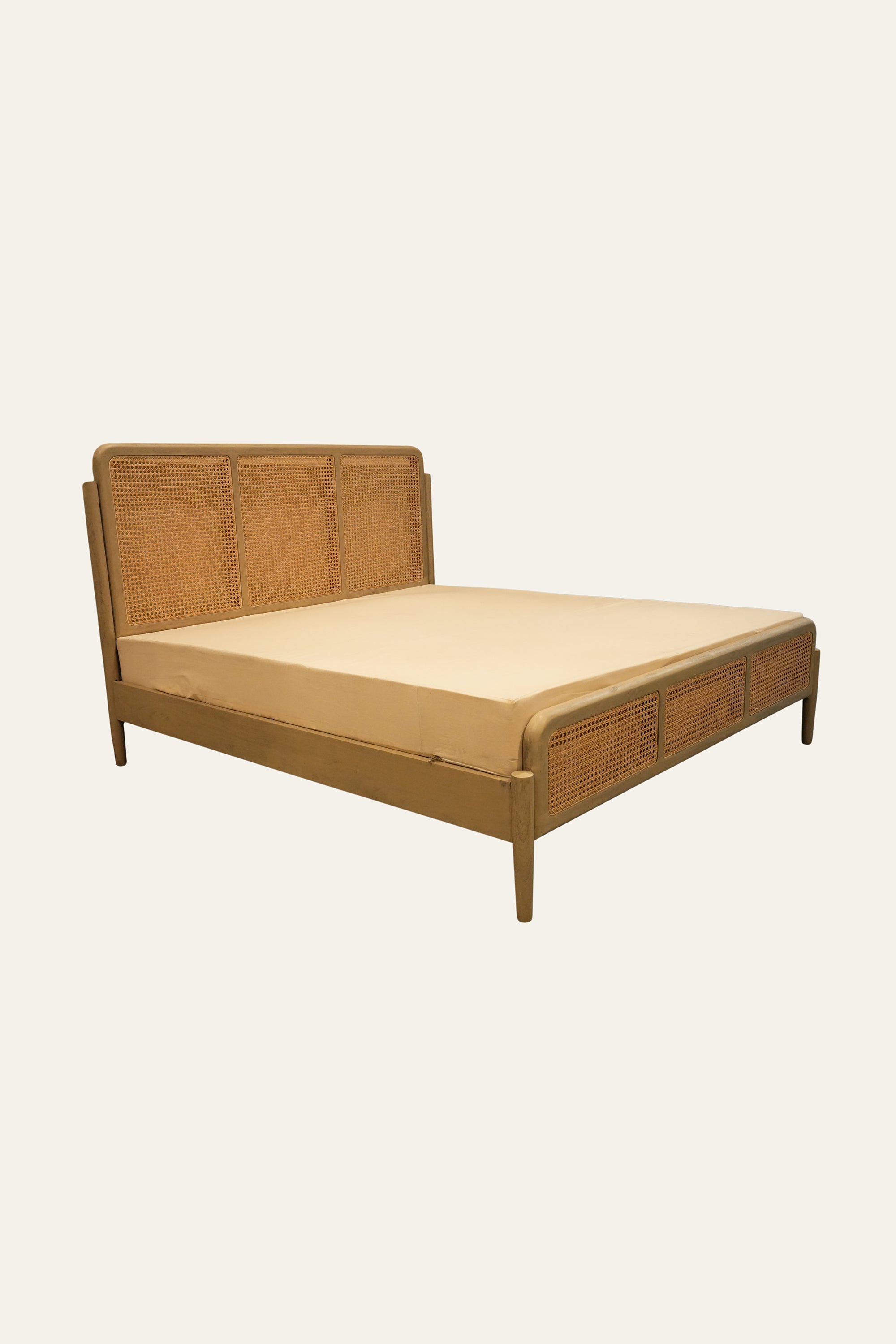 Brown Wooden Double Bed with Cane Headboard