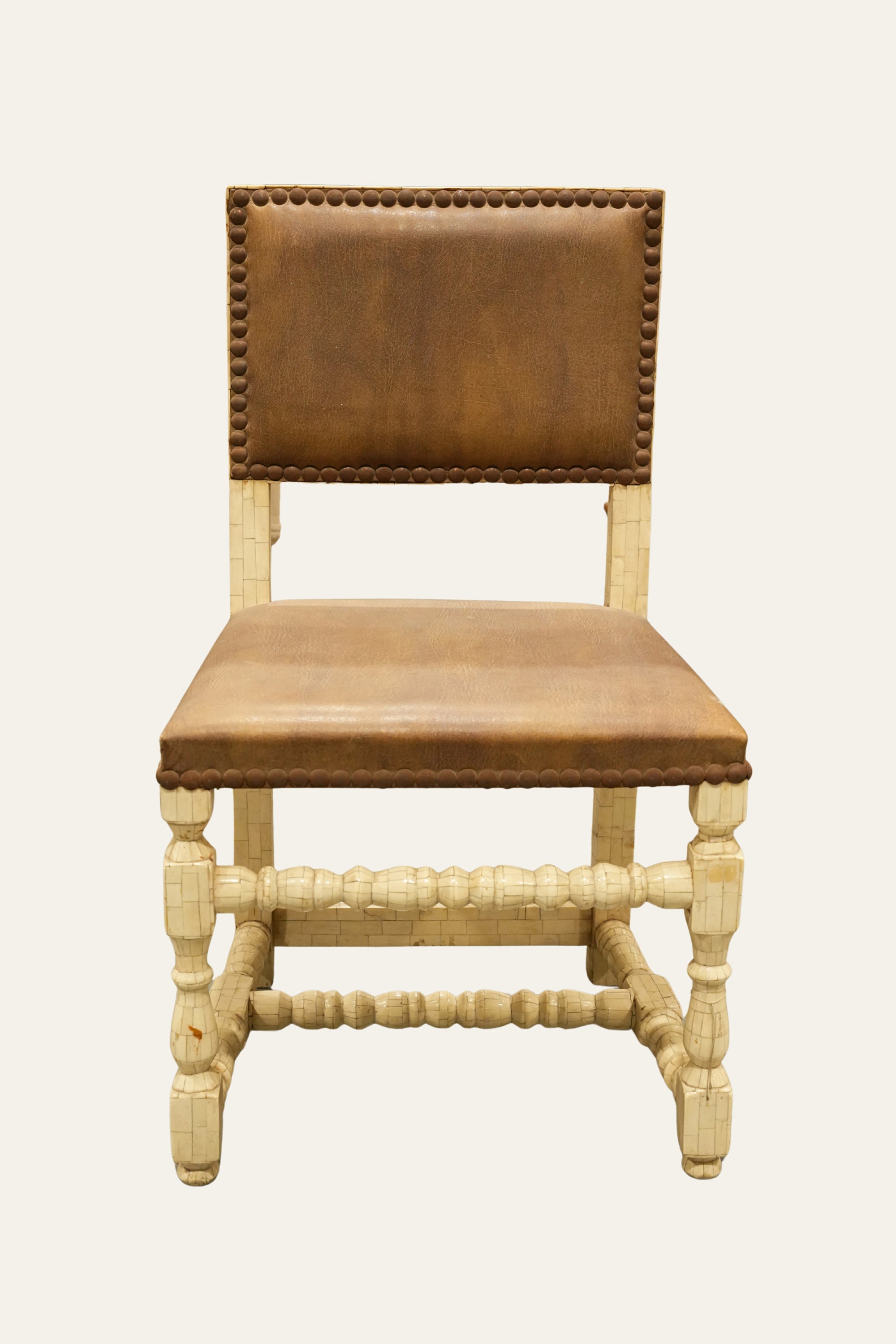 Brown PU Leatherette Dining Chair with Brass Nailhead Trim