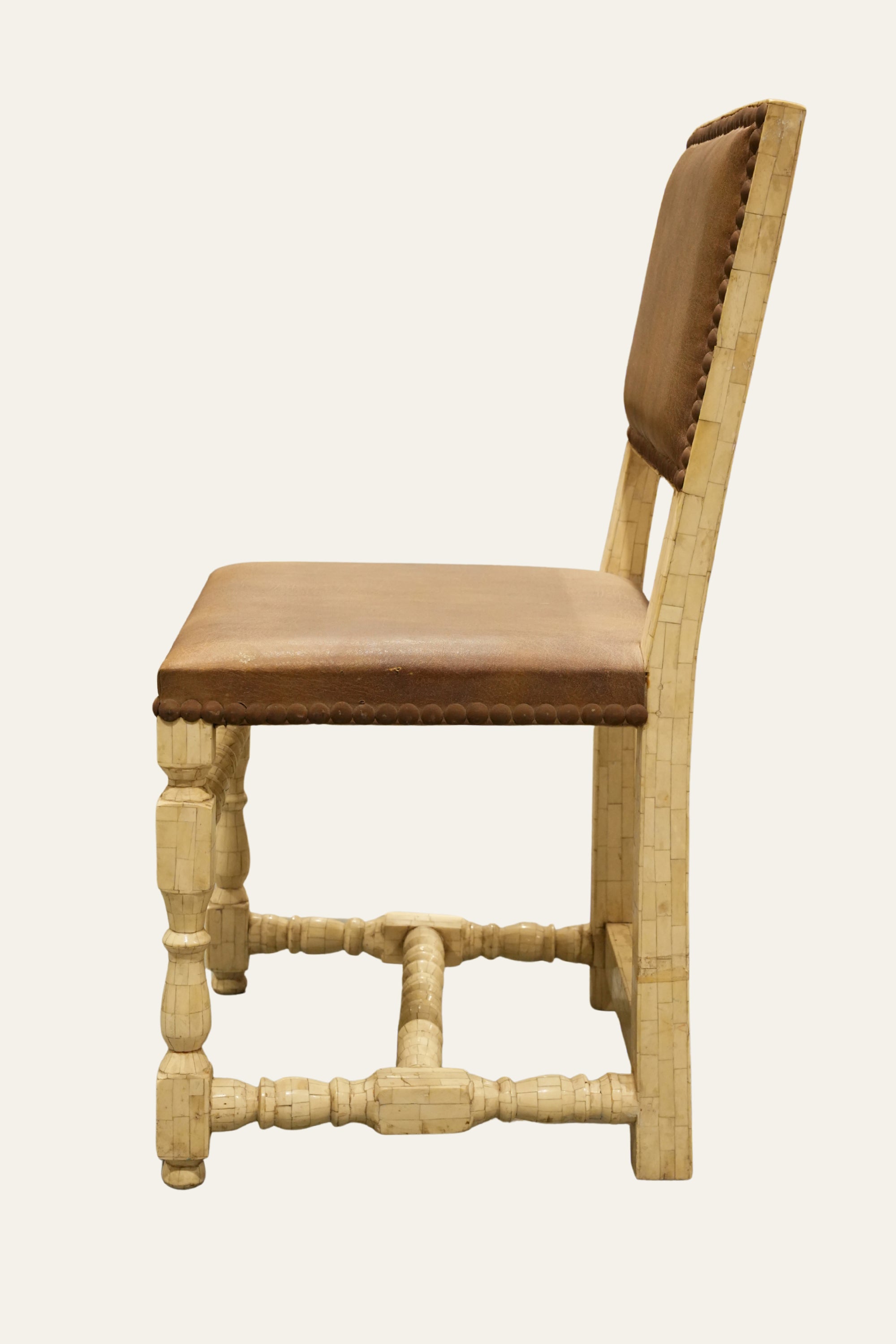 Brown PU Leatherette Dining Chair with Brass Nailhead Trim