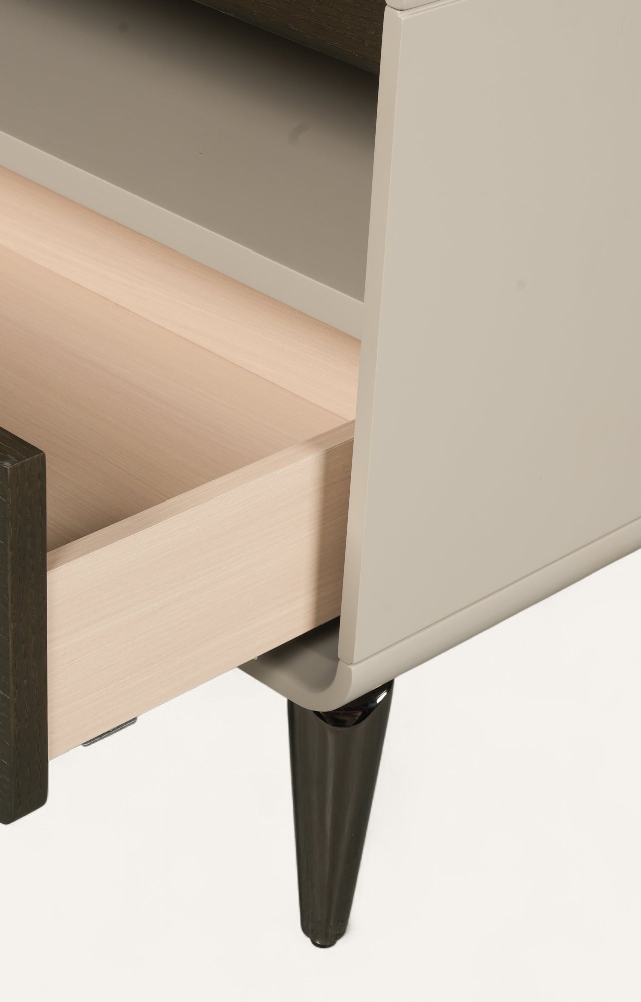 nightstand with smooth taupe finish