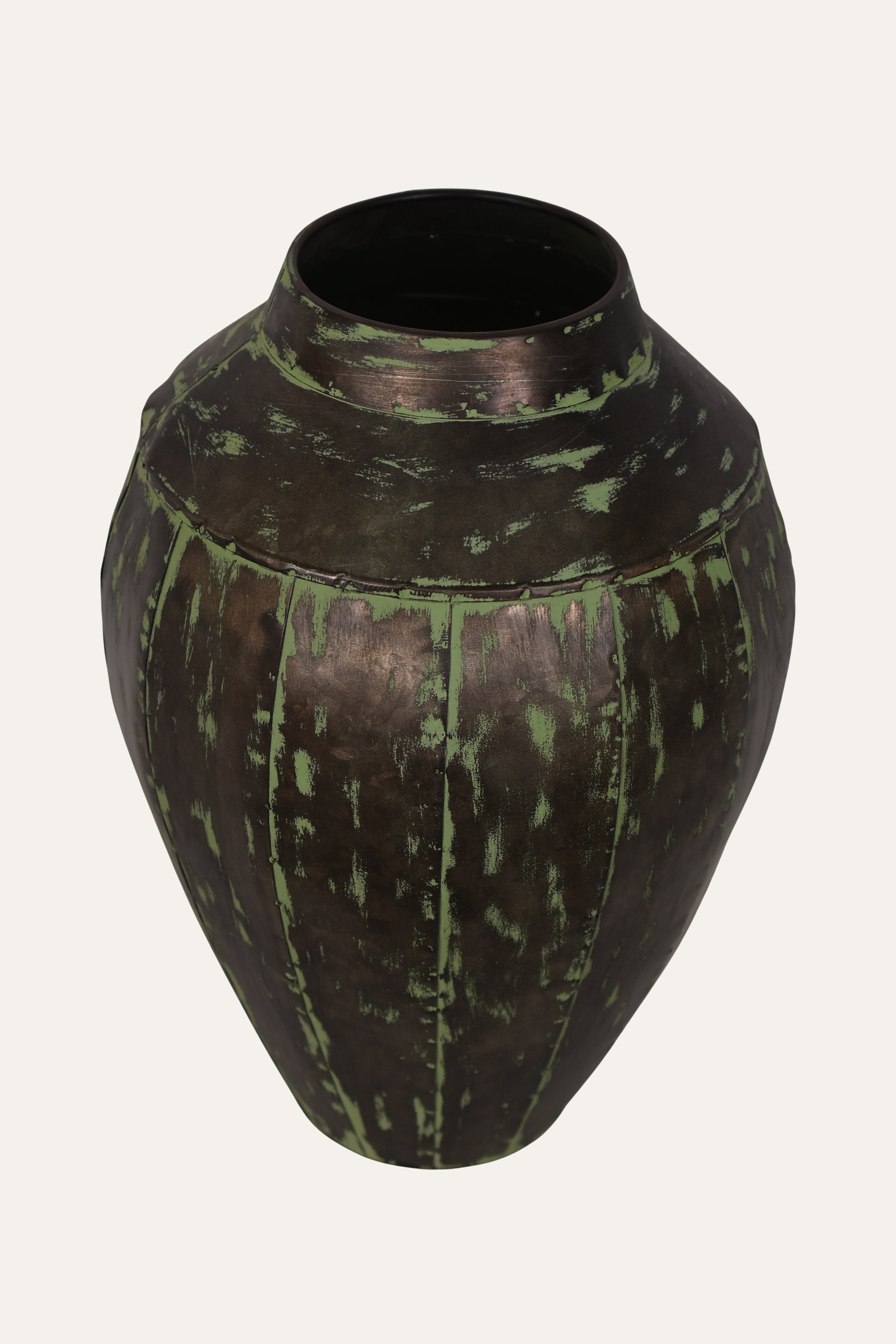 Decorative vase with green and brown patina