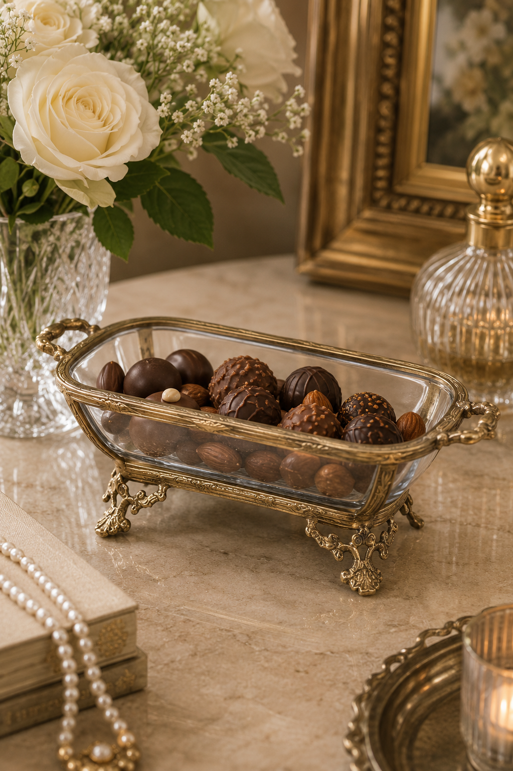 Vintage brass and glass bowl with decorative side handles