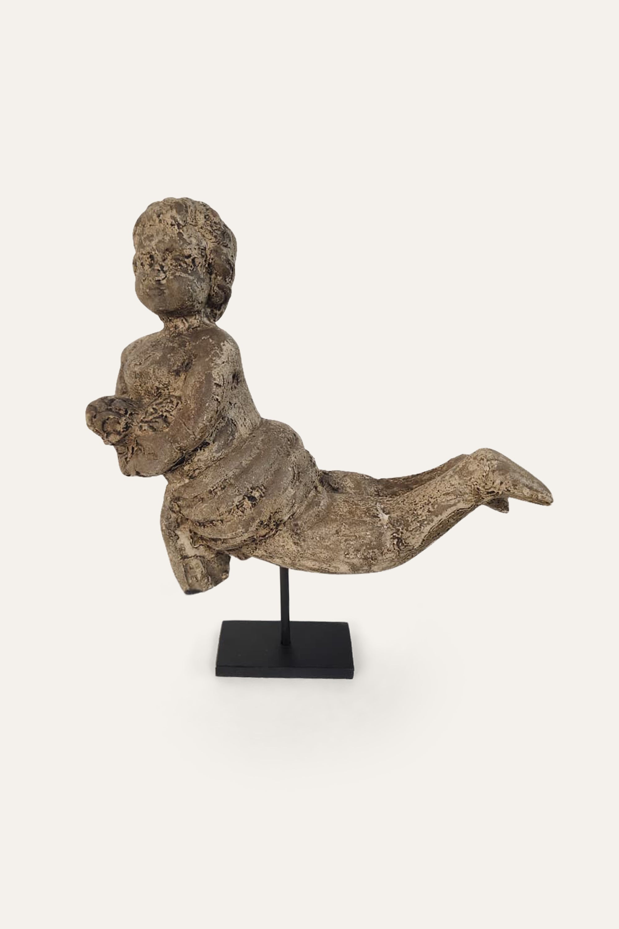 Carved Wooden Cherub Sculpture on Stand