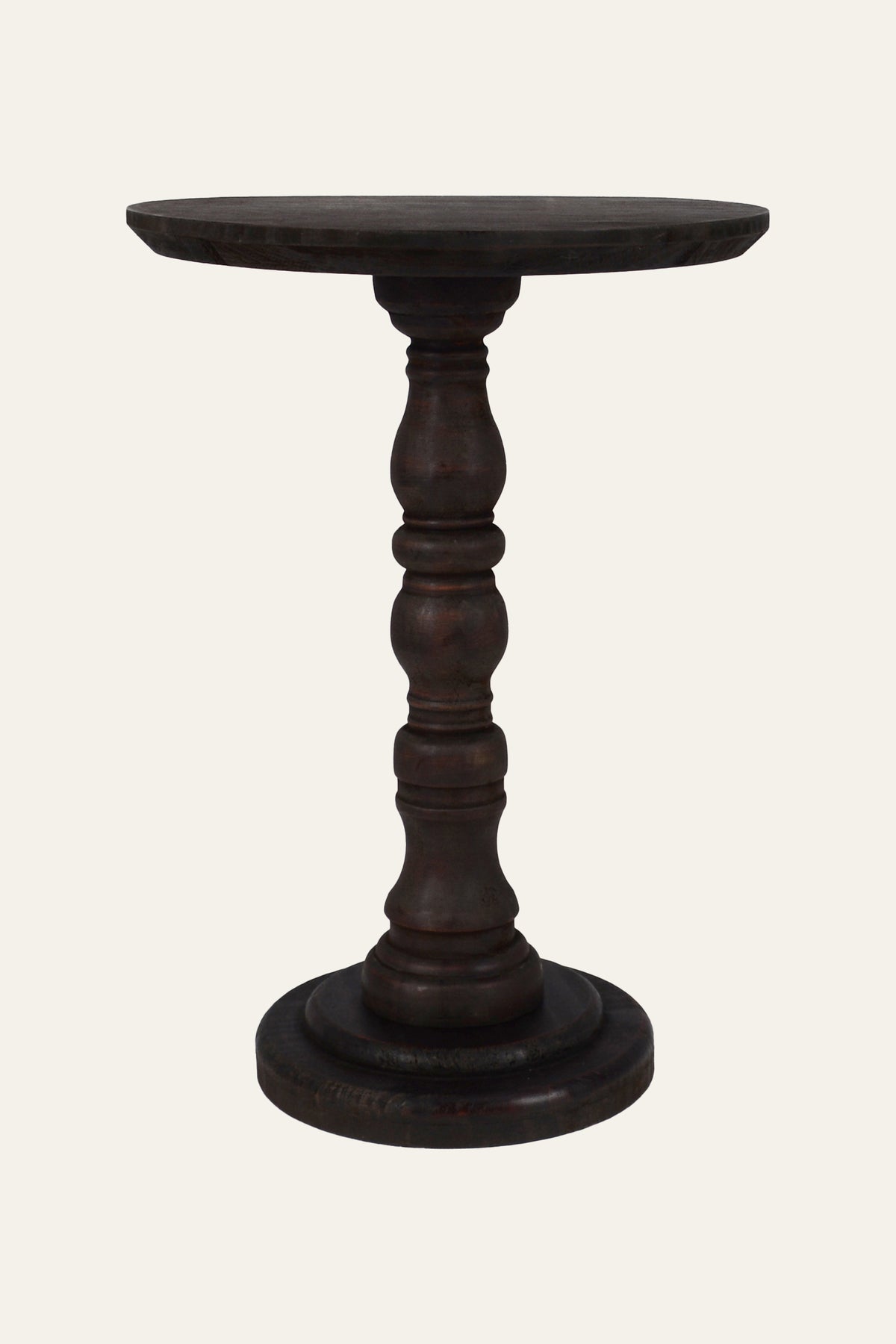 Dark Brown Wood Turned Spindle Pedestal Accent Table