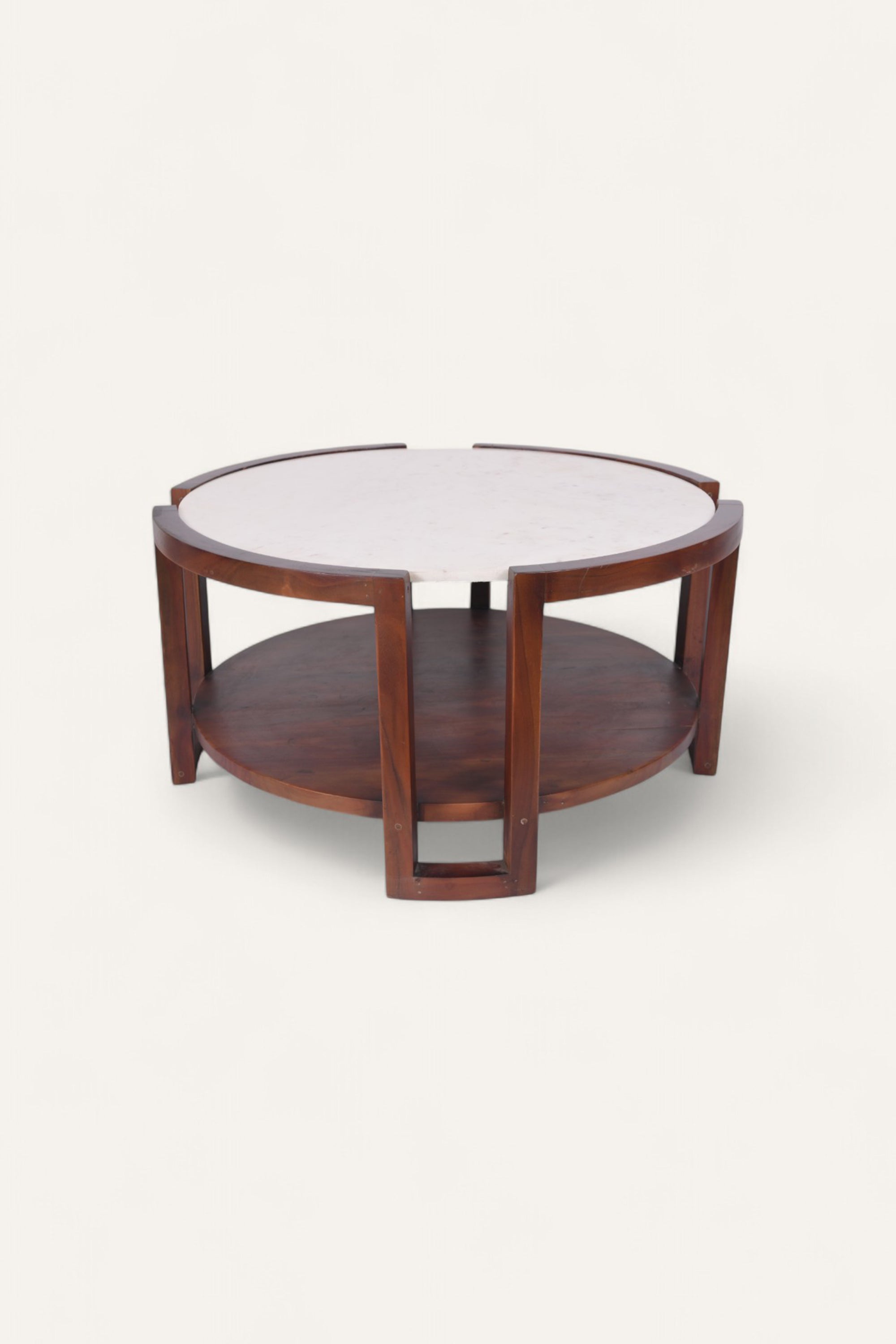Round Teak Wood Coffee Table with White Marble Top