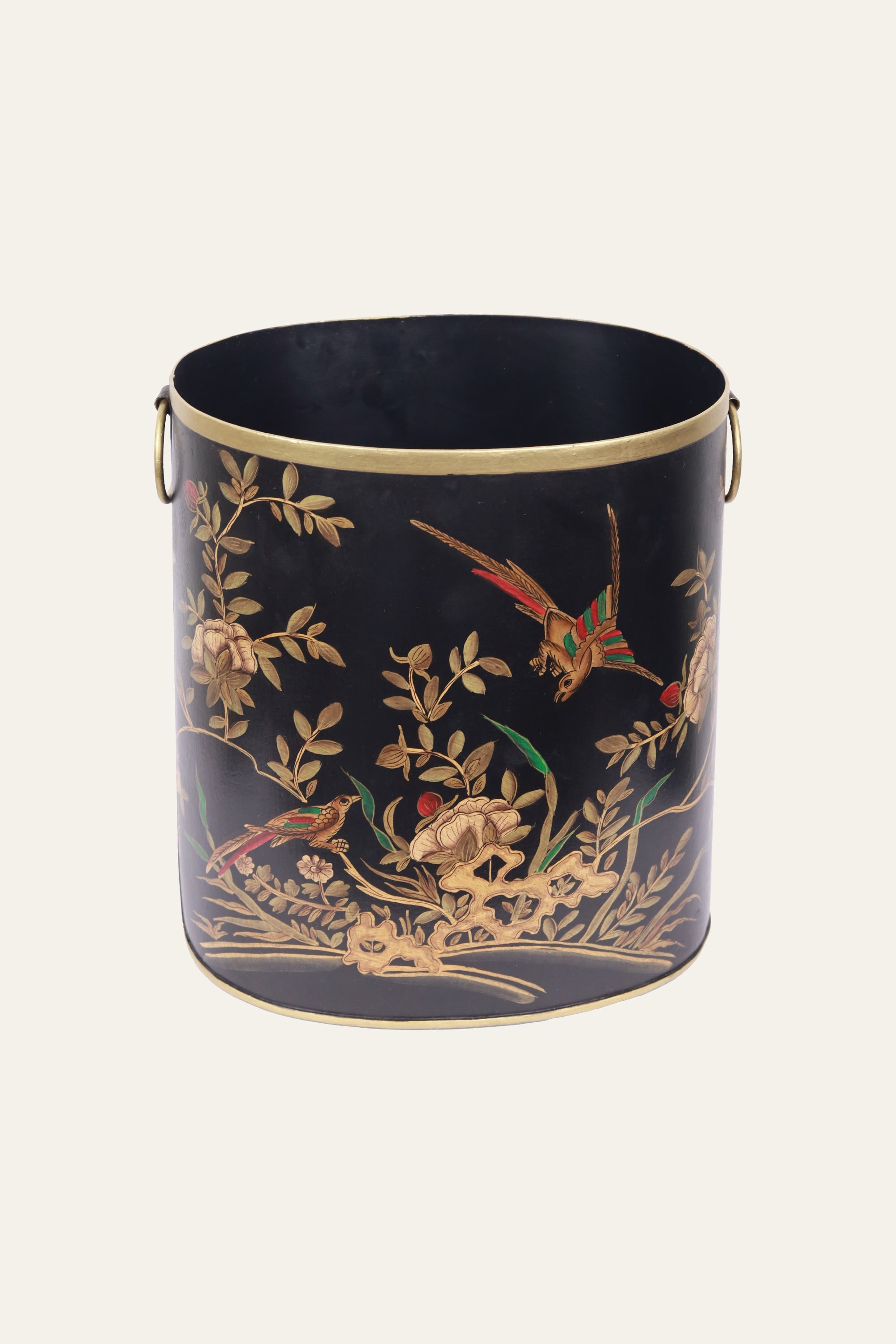 bird leaf motif hand painted oval metal bin