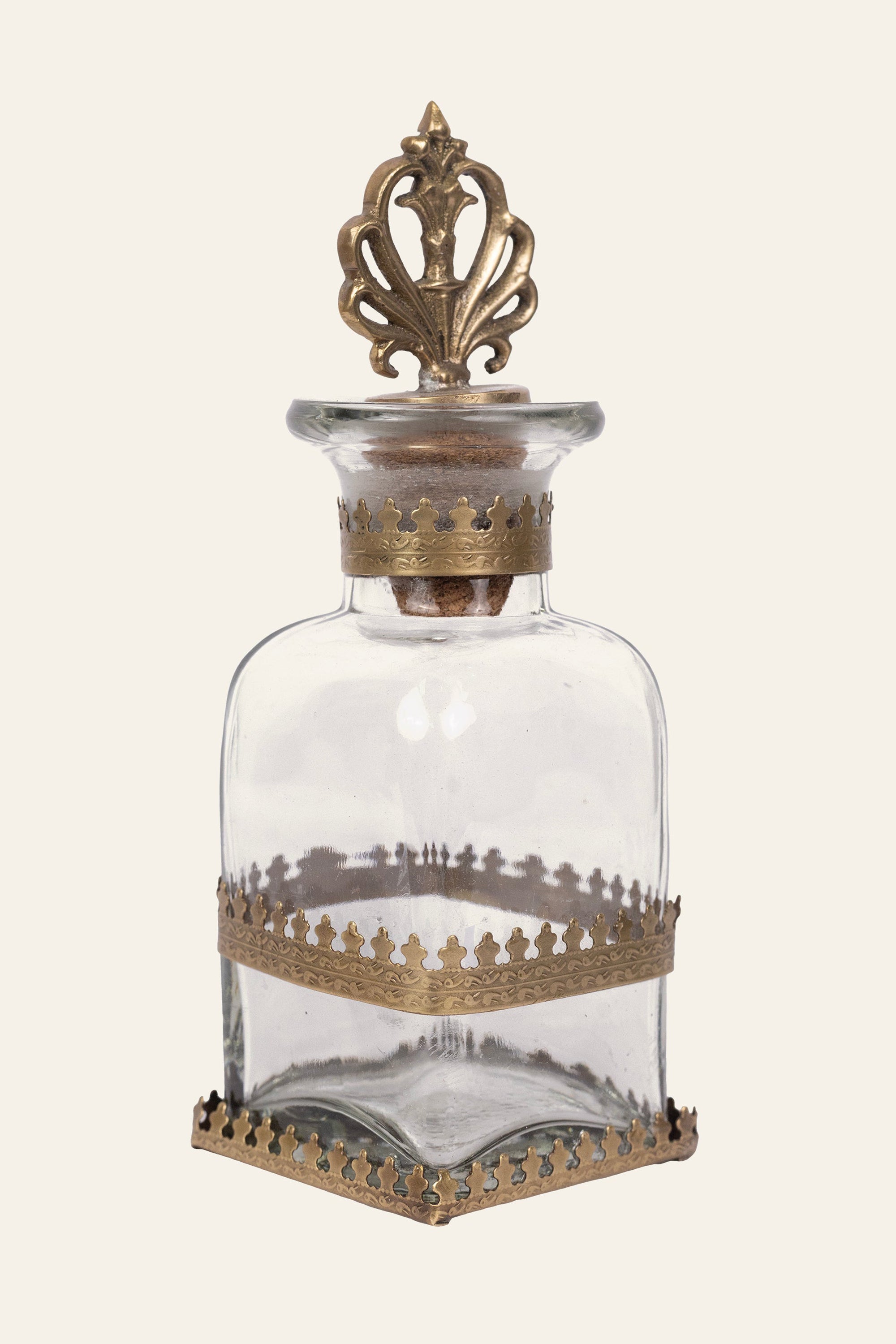 Brass & Glass Bottle Container with Antique Stopper - Small