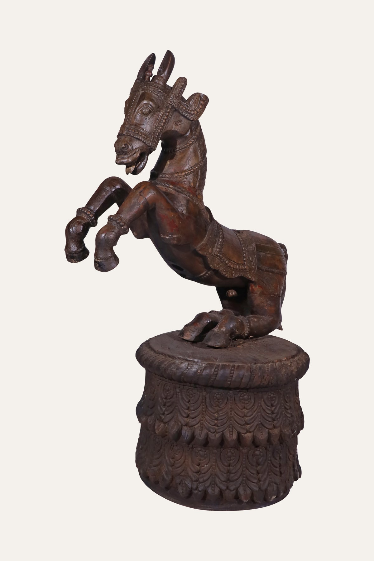 dark brown rearing horse sculpture