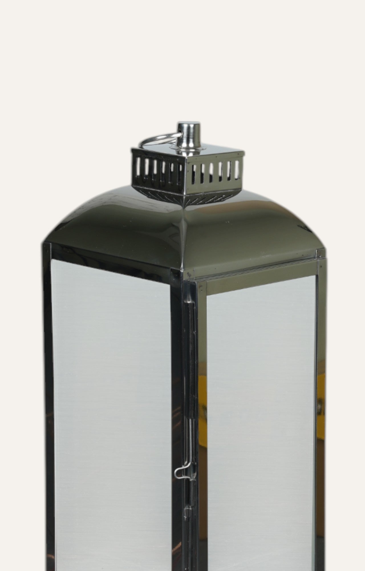 Square Glass Lantern with Ring Handle and Stainless Steel Rim