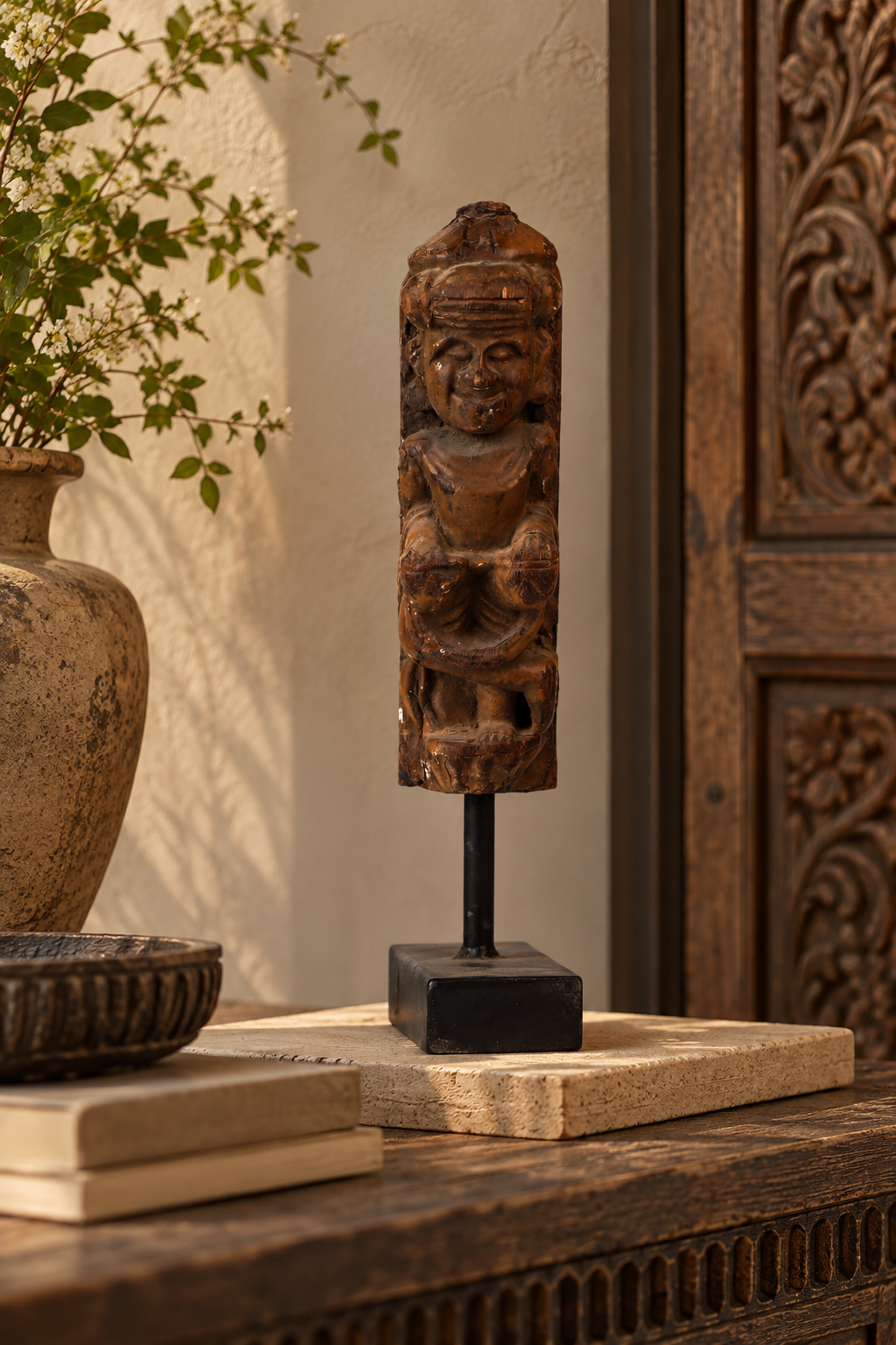 Carved Tabla Man Sculpture on Metal Stand