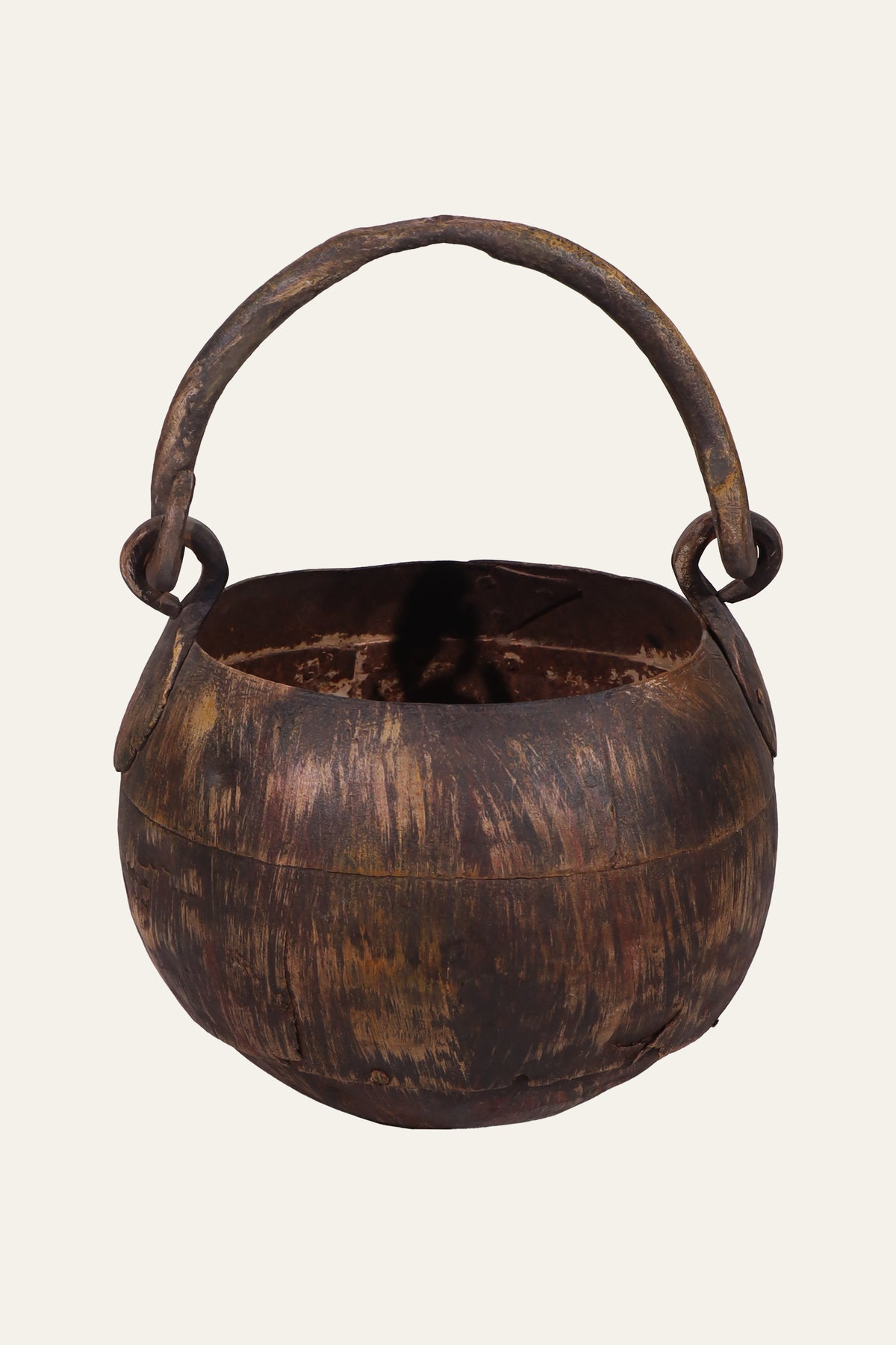 hand forged round hanging pot with carry handle