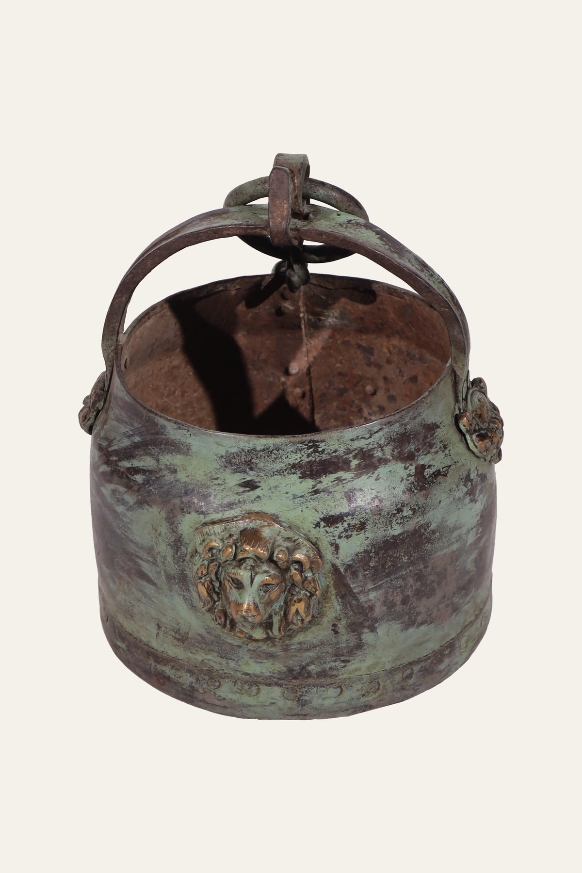 large verdigris metal bucket pot