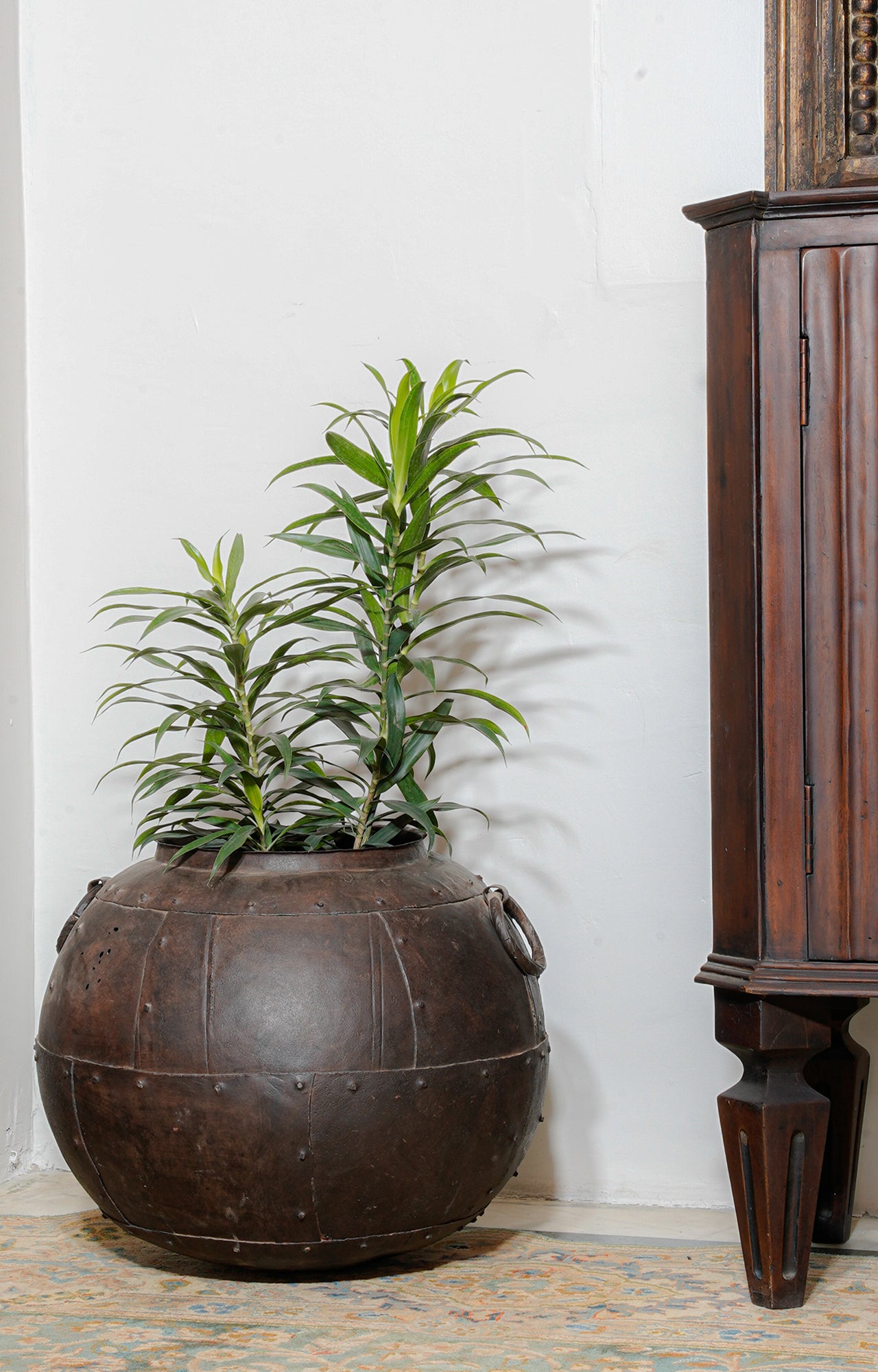 Ancient Riveted Metal Planter with Dual Handles