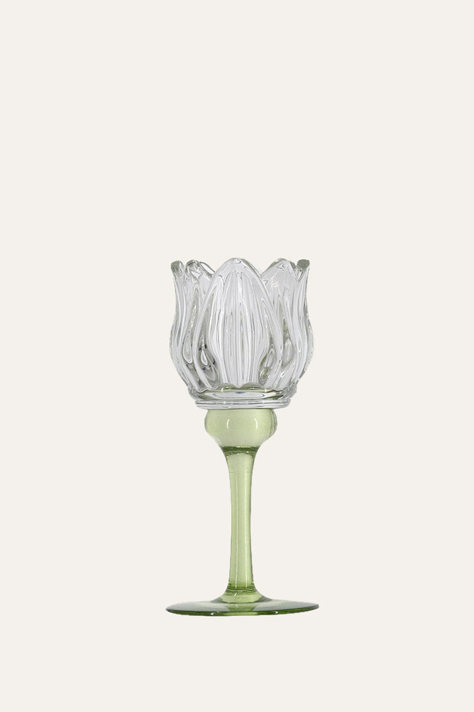 Clear Tulip Flower Glass Candlestick Holder - Small