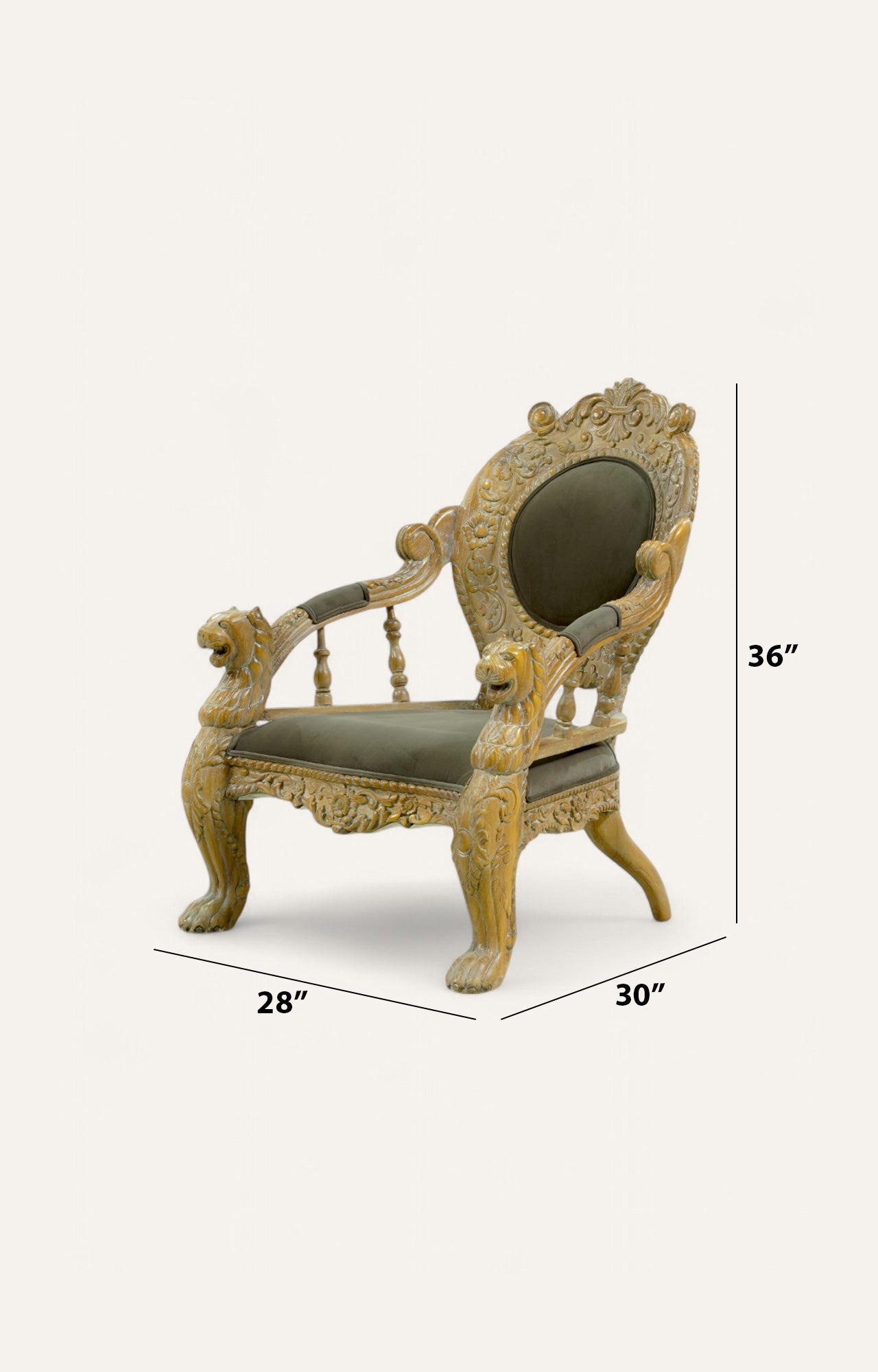 Majestic Indian Wooden Armchair with Carved Lions