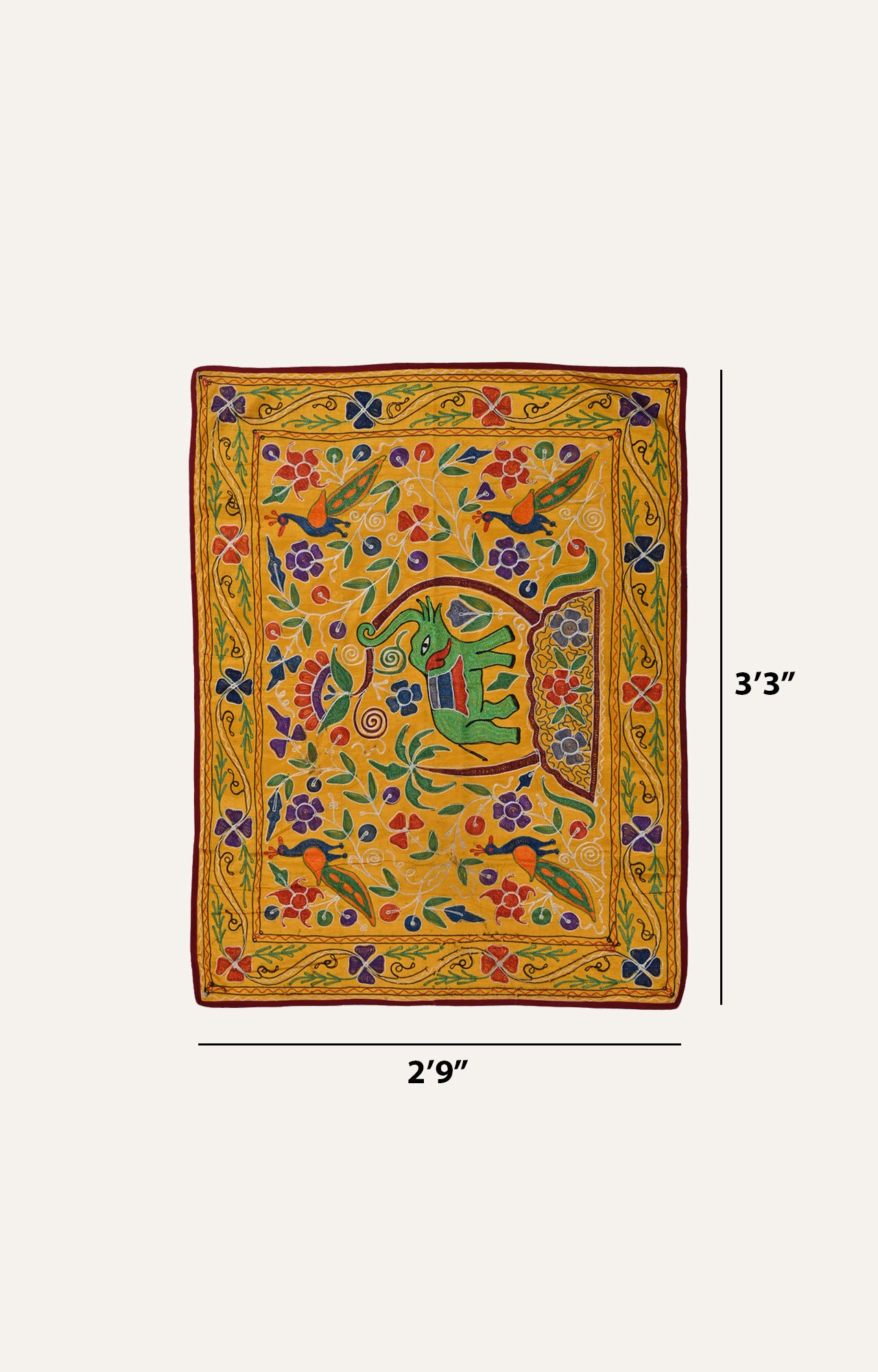 Embroidered Wall Hanging with Central Elephant Motif and Corner Parrots