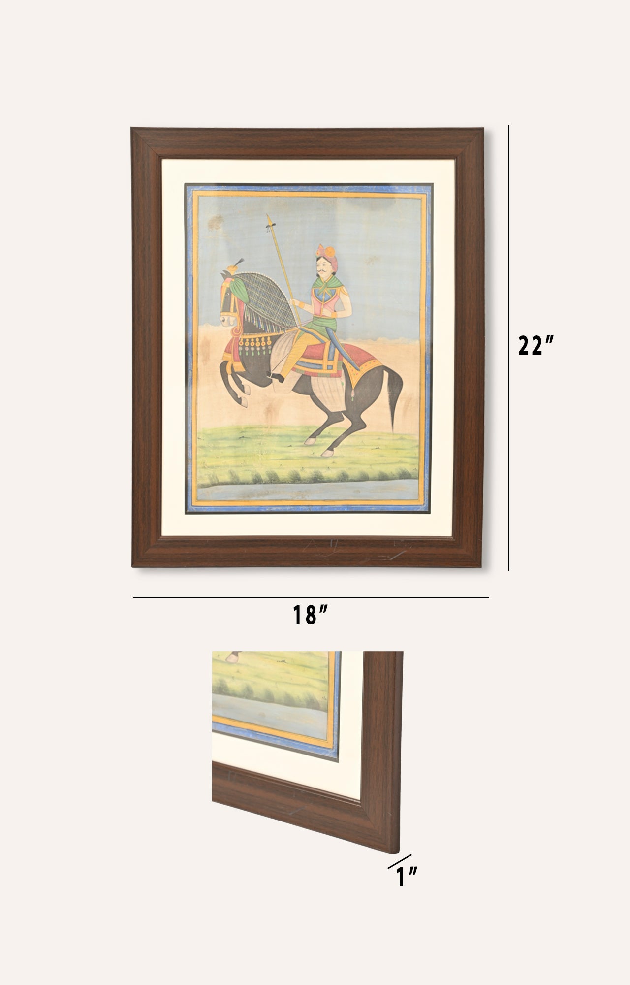 Mughal Emperor on Horse : Framed Watercolor Painting.