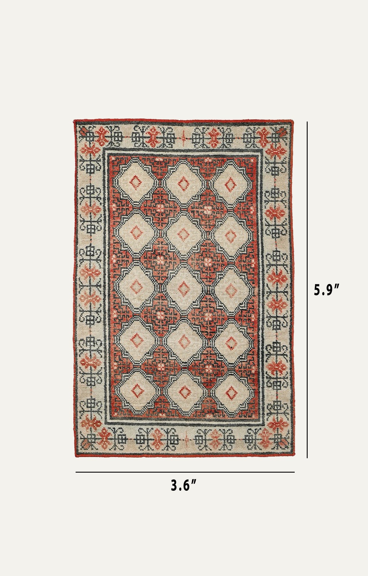 3.6  x 5.9 Ft Cotton Handwoven Vintage Tibetan Thick Pile Geometric Carpet3 x 6 Ft 80 years Old Cotton Tibetan Carpet 100% Hand-spun Yarn