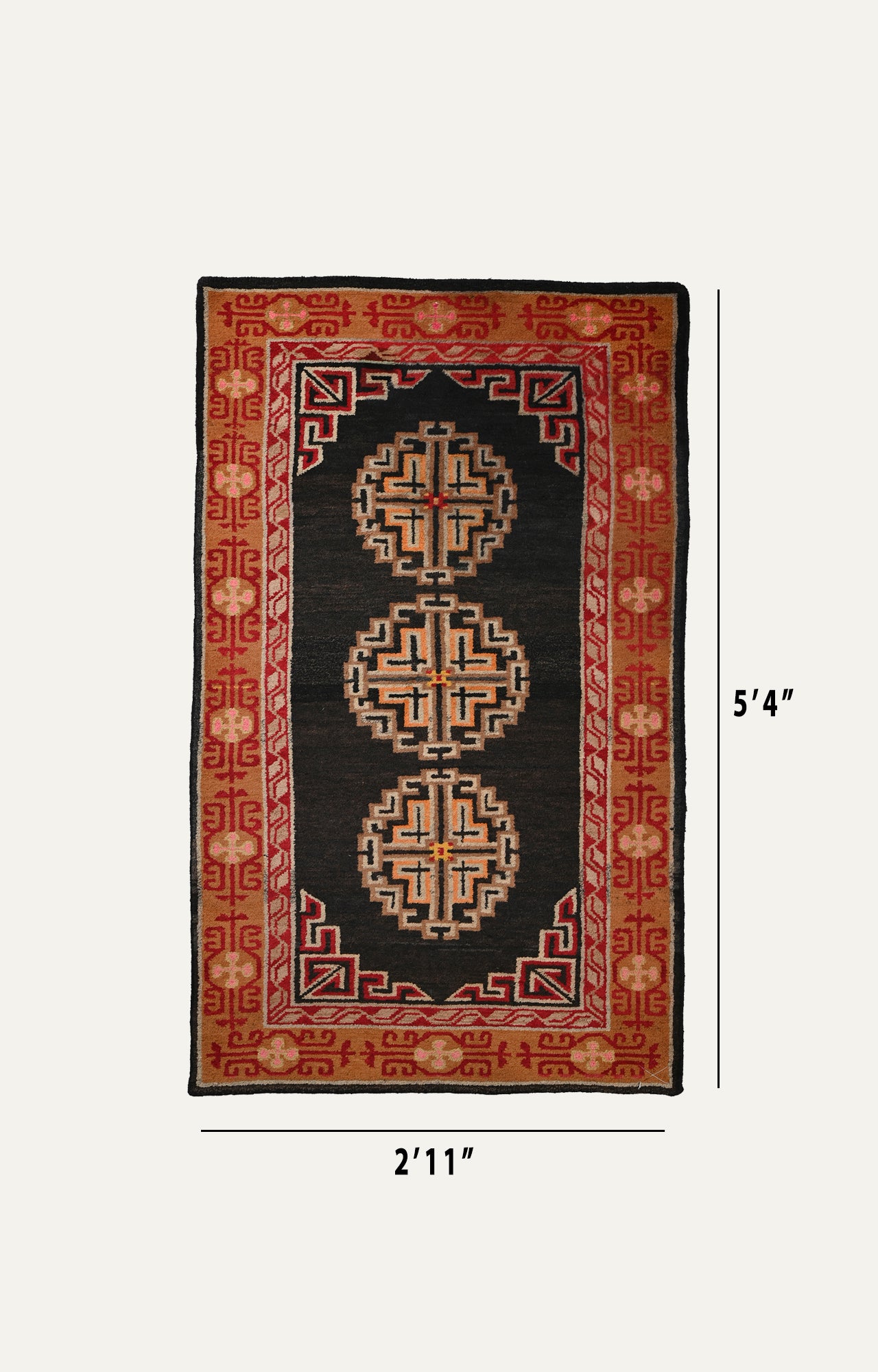 3 x 5 Ft Gracefully aged tibetan handknotted carpet with magnificent borders