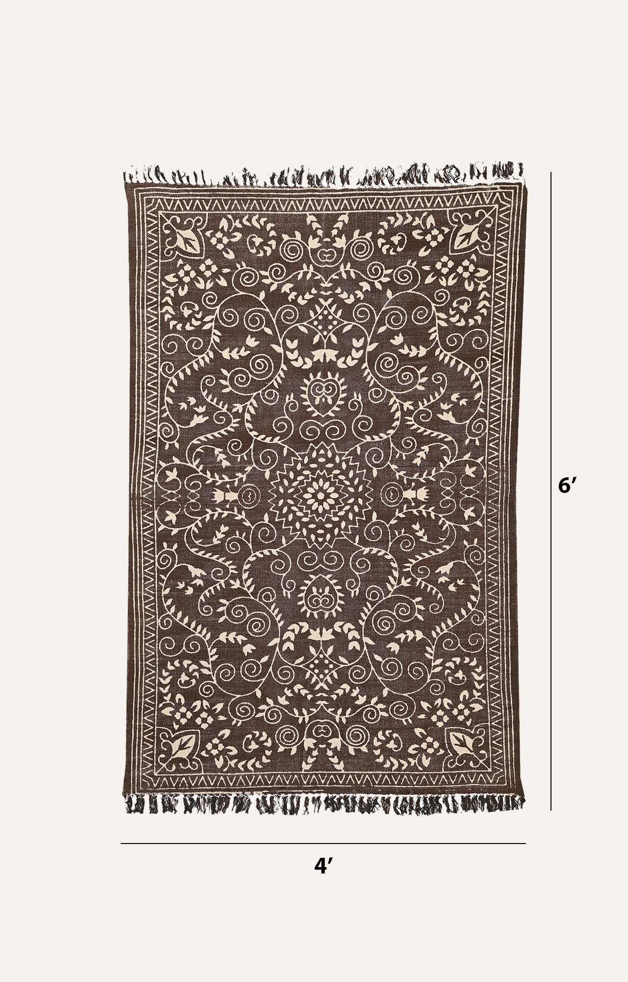 Brown & Ivory Floral Scroll Cotton Rug