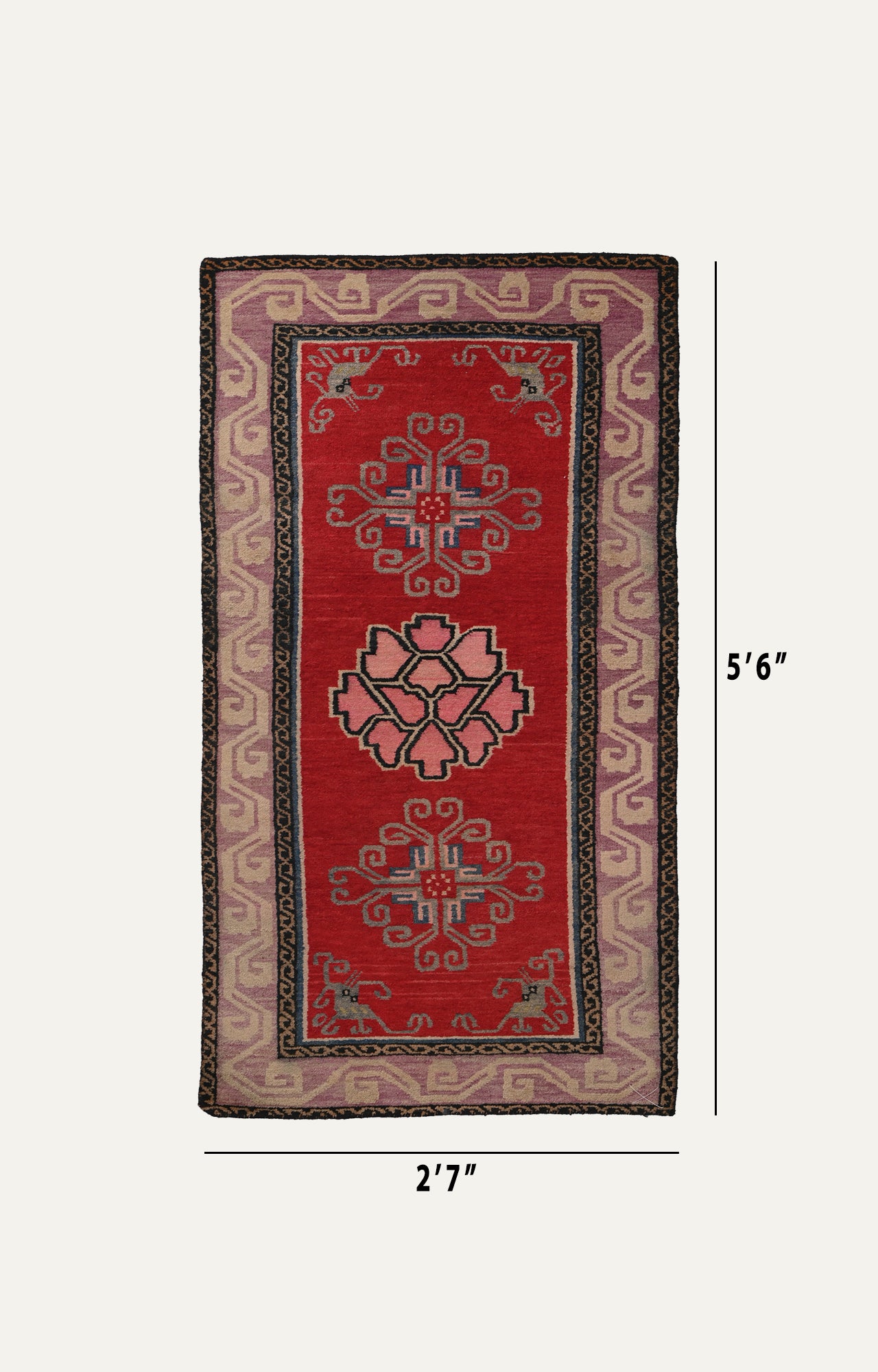 3 x 6 Ft Tibeten Carpet in Ruby color, vintage and rare