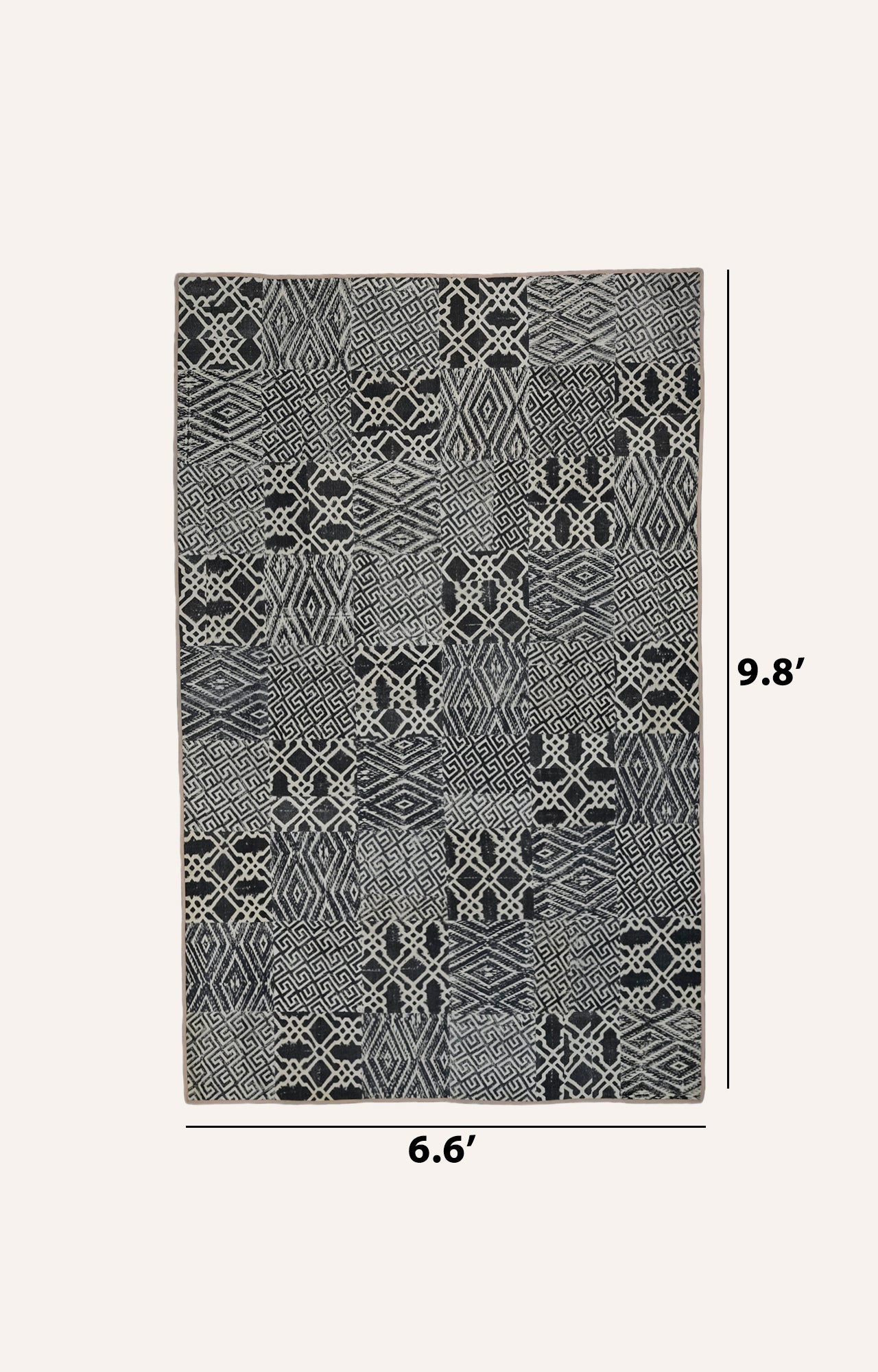 6.6 x 9.8 Ft Charcoal & Grey Patchwork Cotton Rug with Traditional Motifs