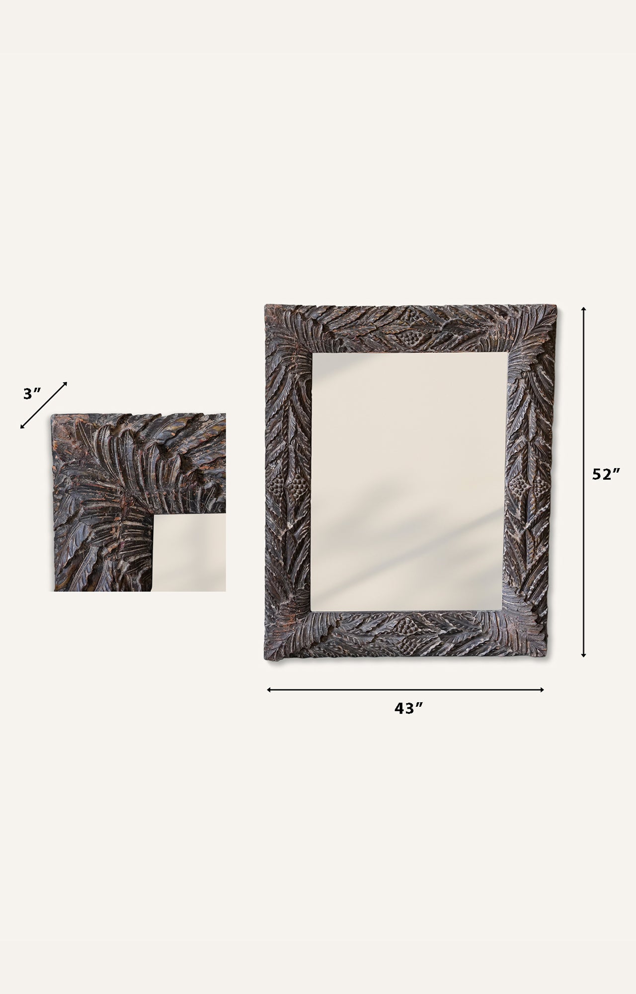 Handcrafted Mango Wood Mirror with Leaf design carved Border