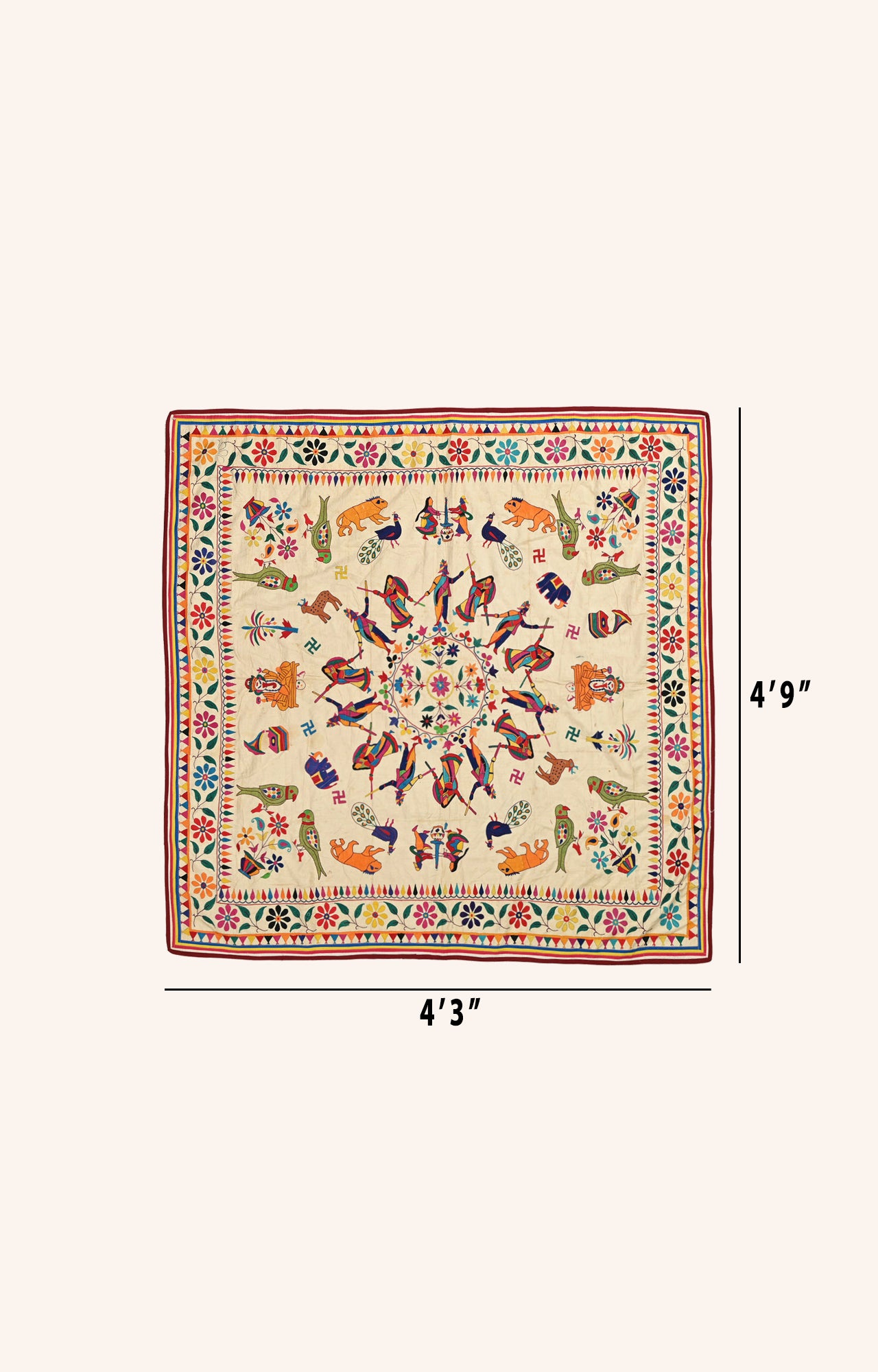 Vibrant Kutch Embroidery Cotton Wall Textile with Parrot, Animal, and Garba Dance Figures"