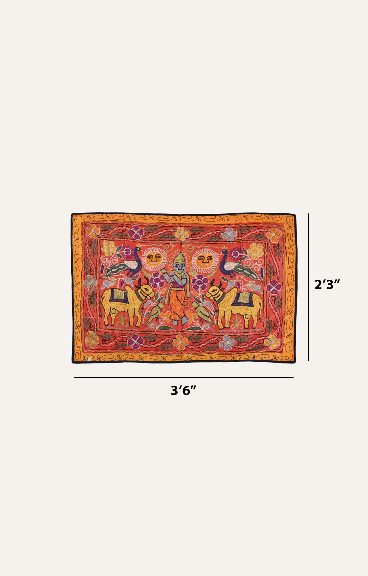 Lord Krishna with Cows and Peacock Cotton Kutch Embroidered Wall hanging