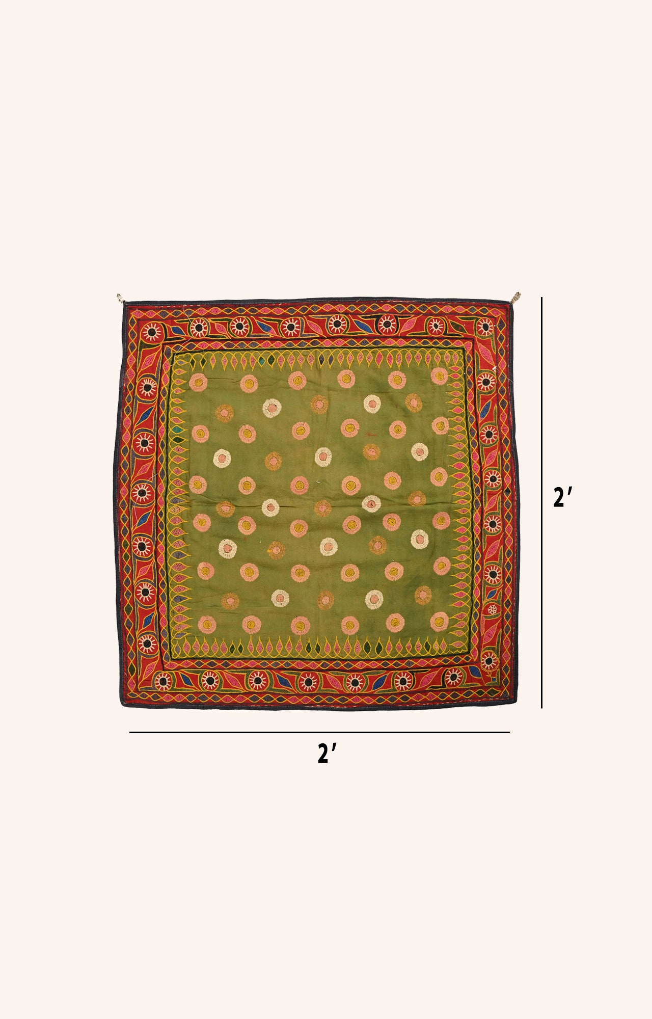 Green Kutch Embroidery with Red border around Wall tapestry