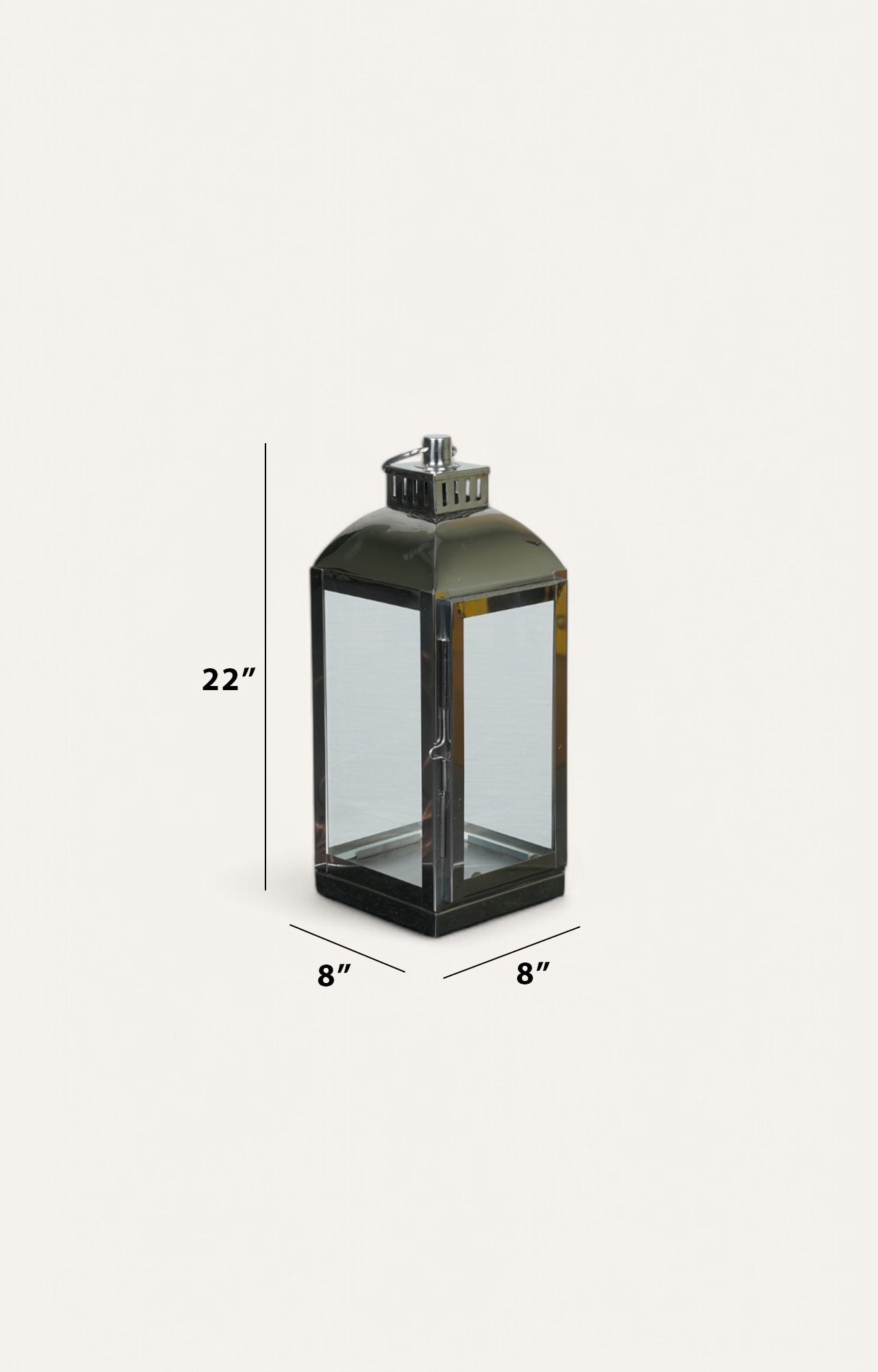 Square Glass Lantern with Ring Handle and Stainless Steel Rim