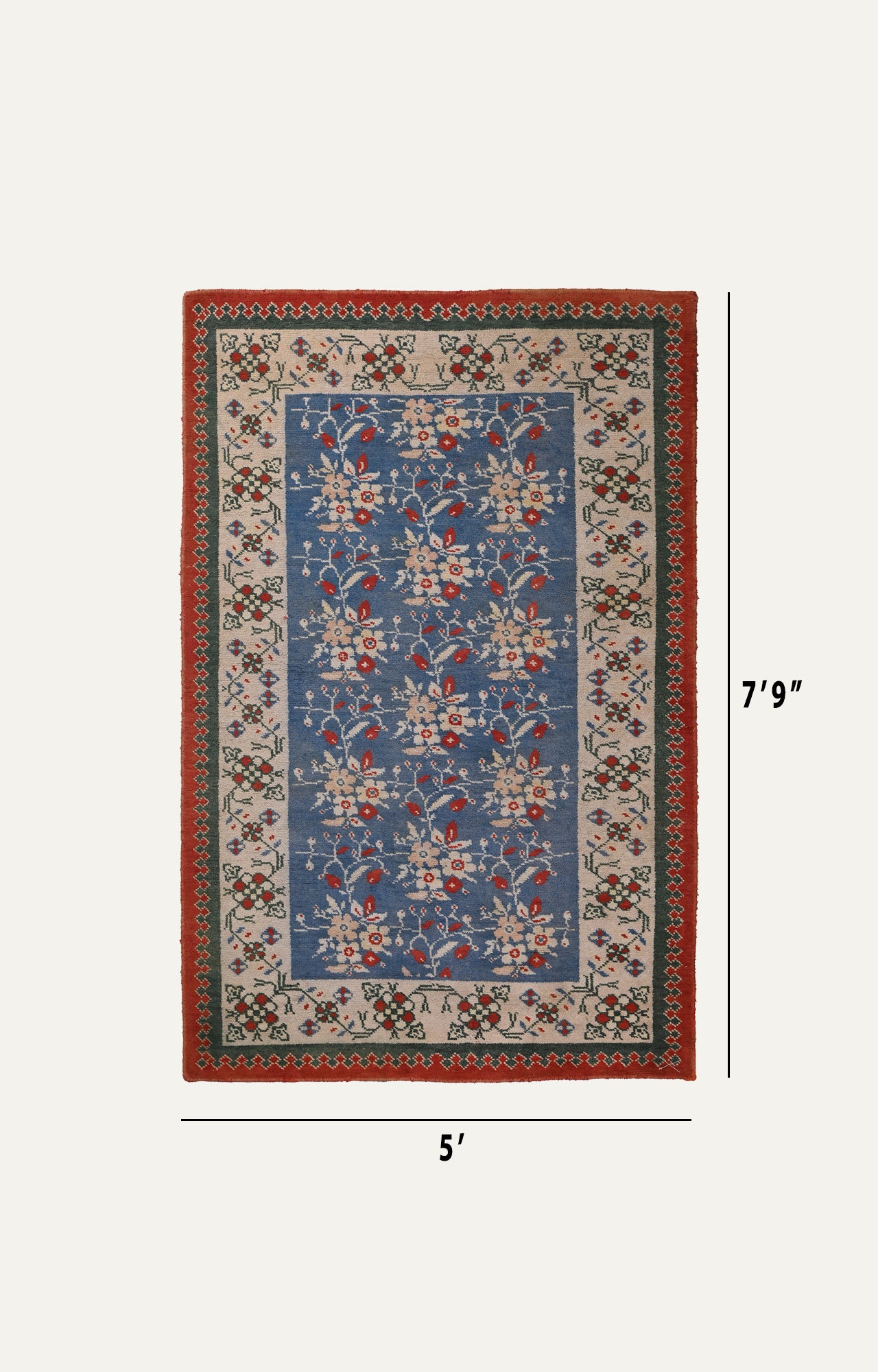 5 x 8 Ft Beautiful Blue base handknotted Agra Carpet with flowers all over.