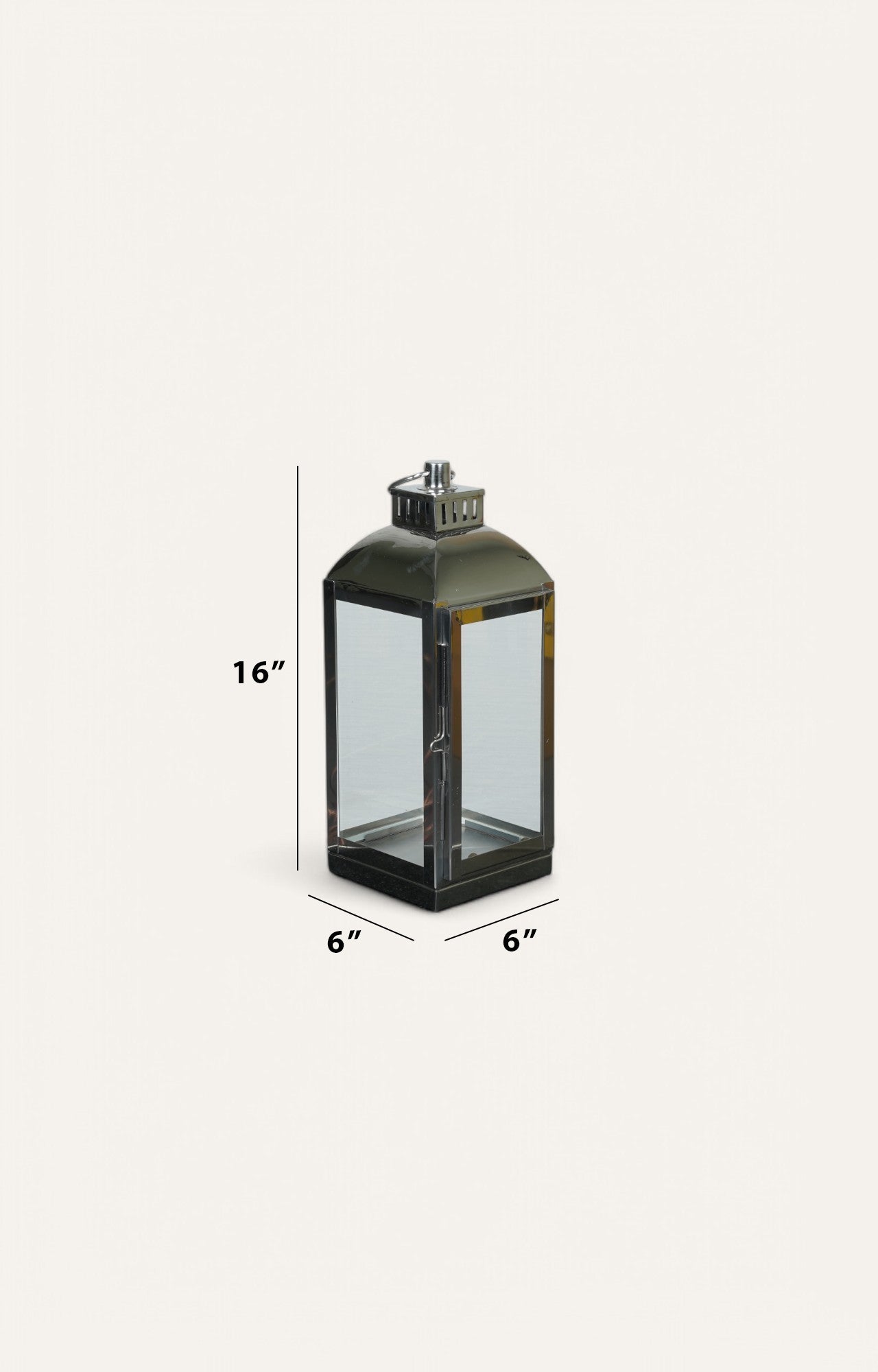 Square Glass Lantern with Ring Handle and Stainless Steel Rim