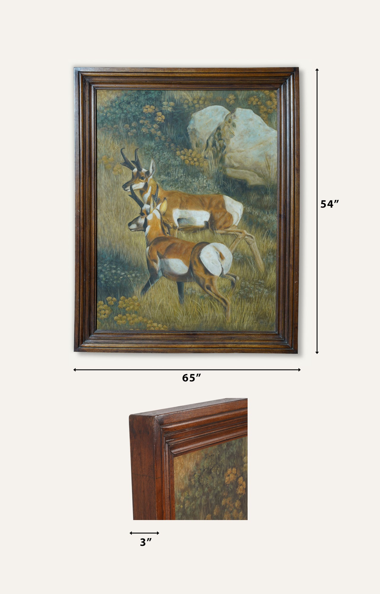 Two Pronghorns in nature oil painting on canvas with wooden frame