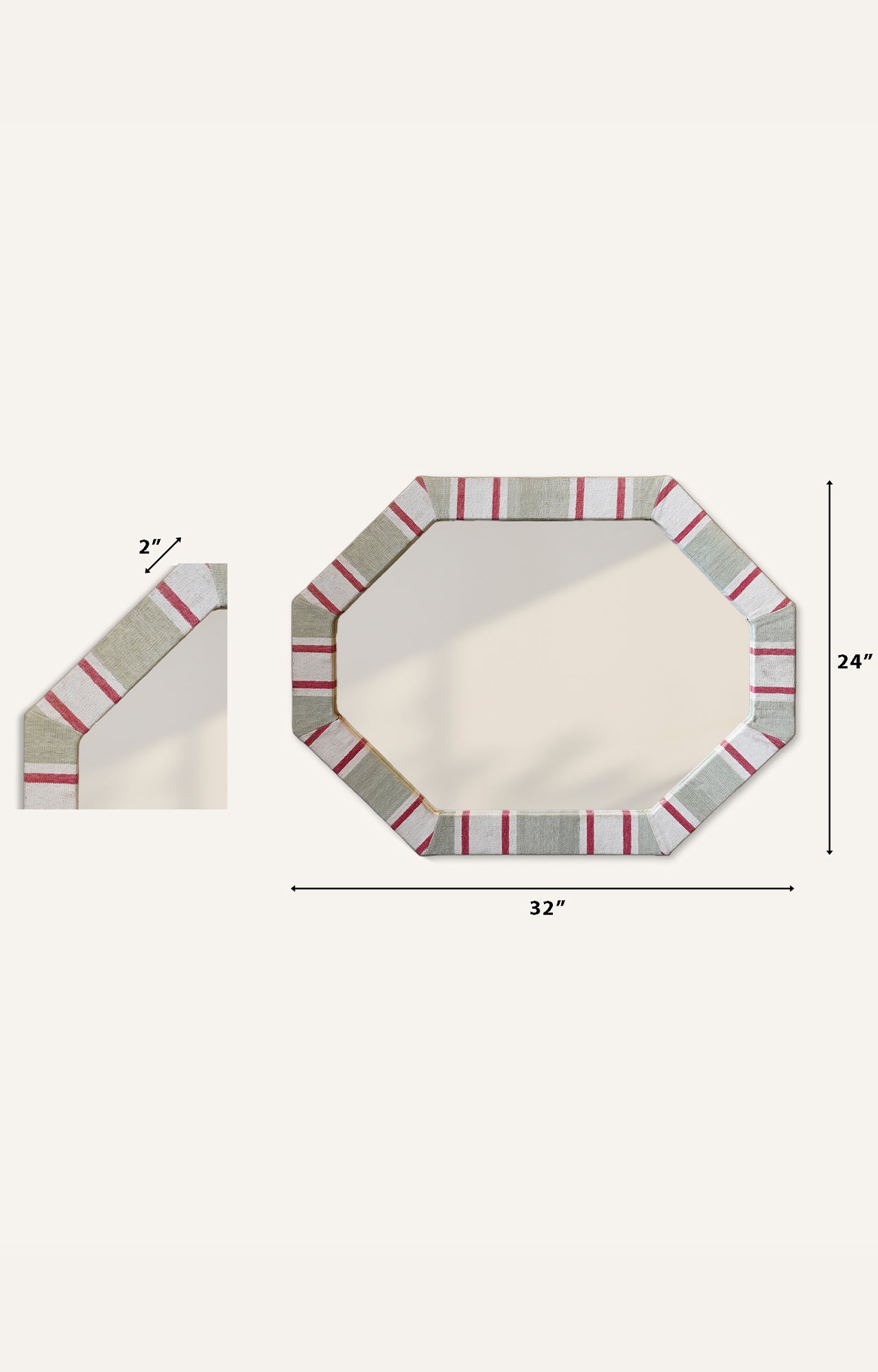 Octagonal upholestry Wood Mirror with Red and White Stripes