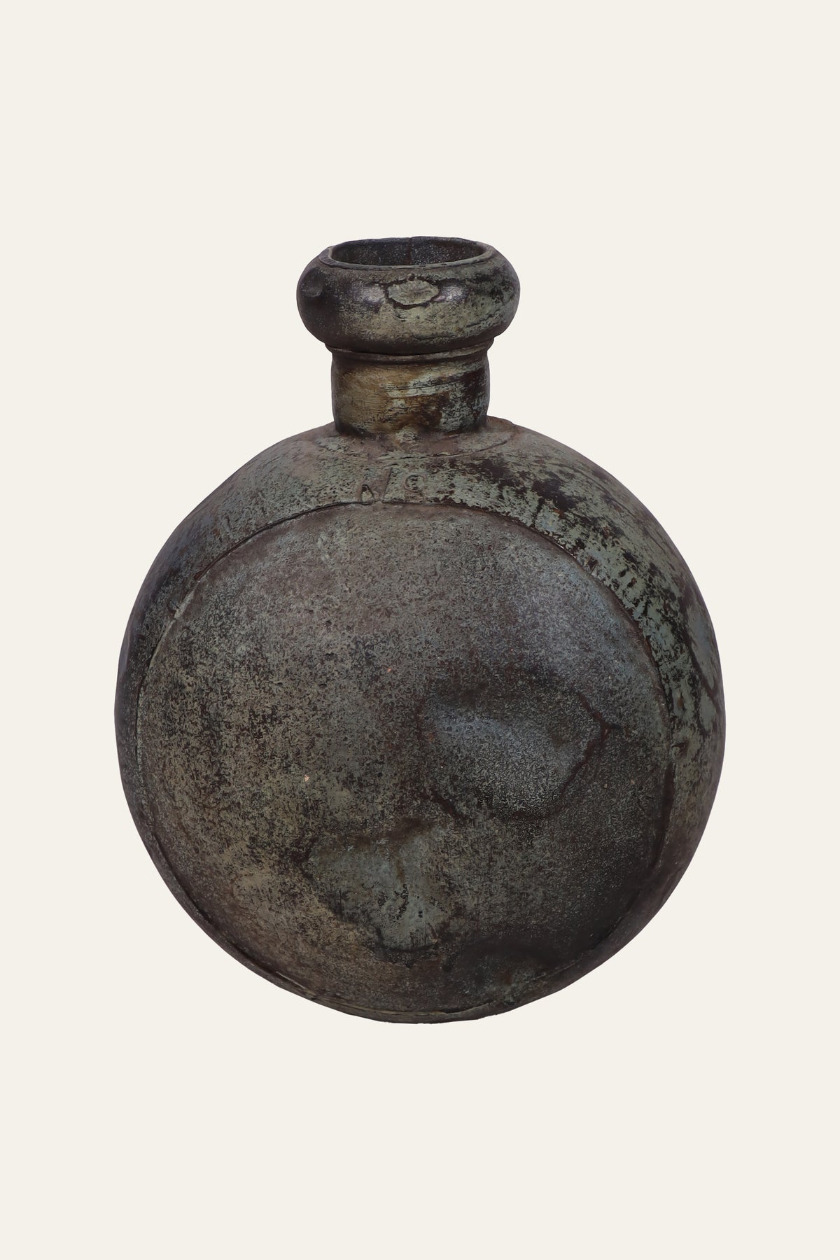 verdigris round metal flask pot
