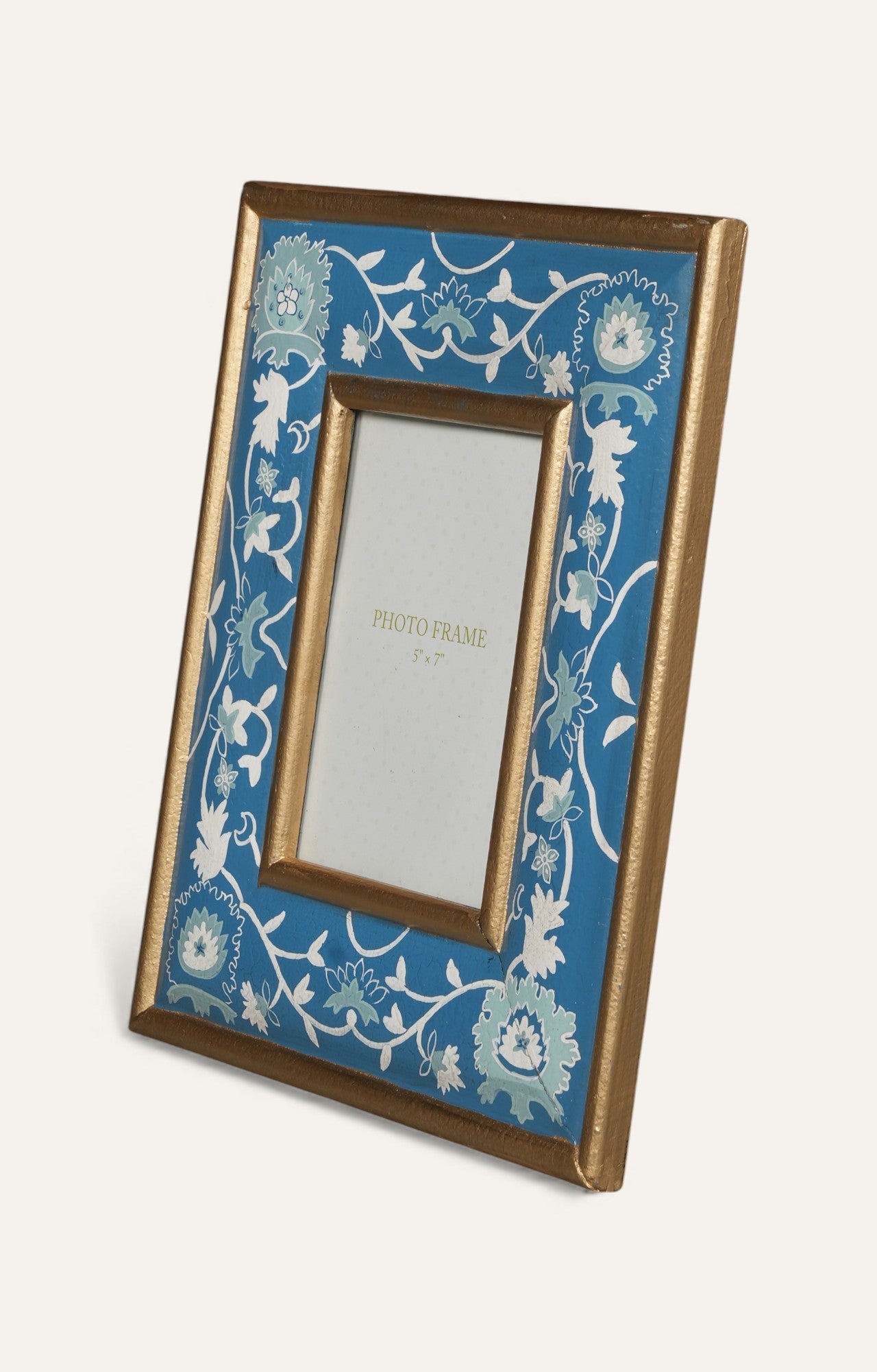 wooden picture frame with blue floral design
