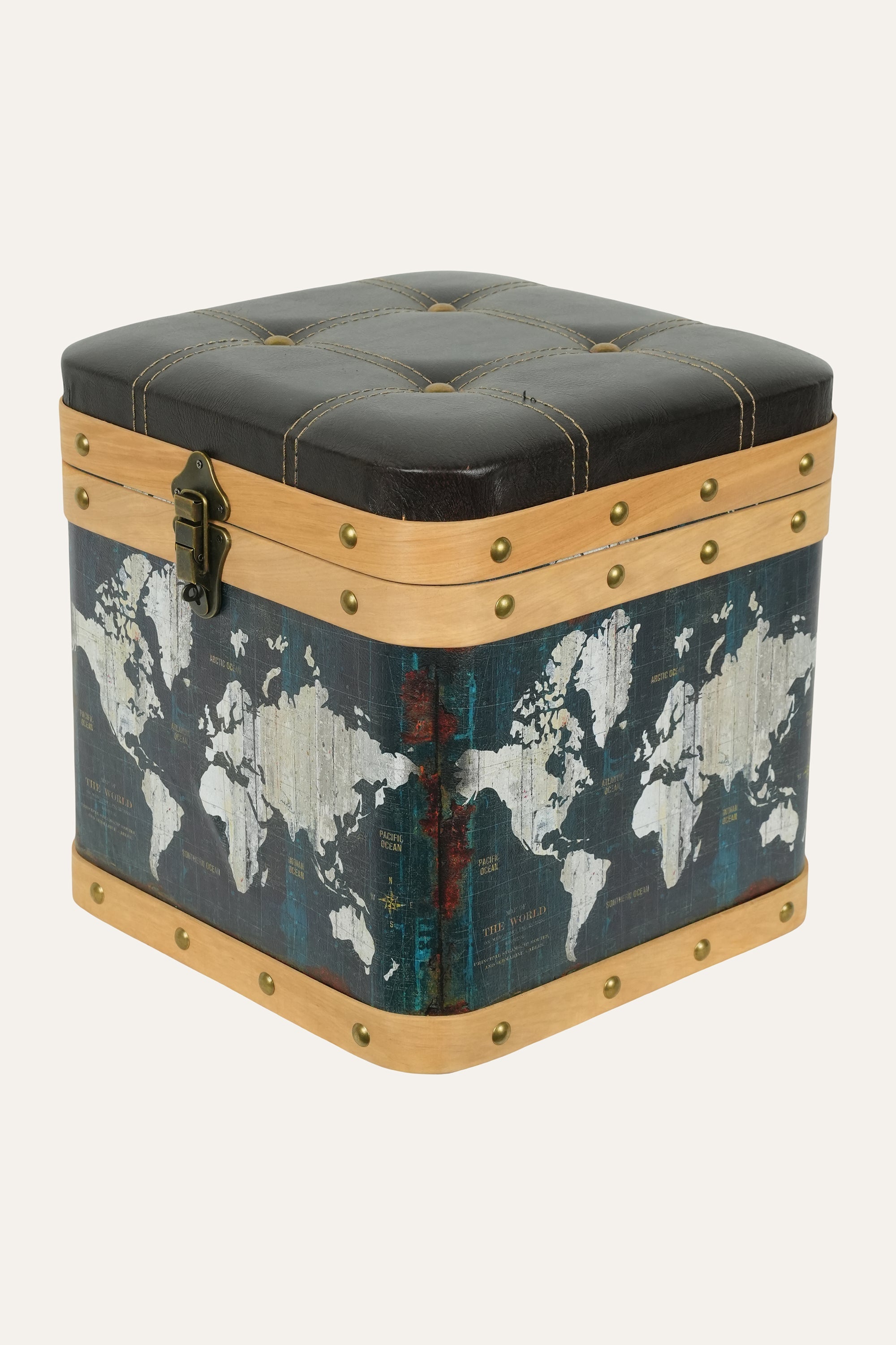 world map storage stool with cushion seat